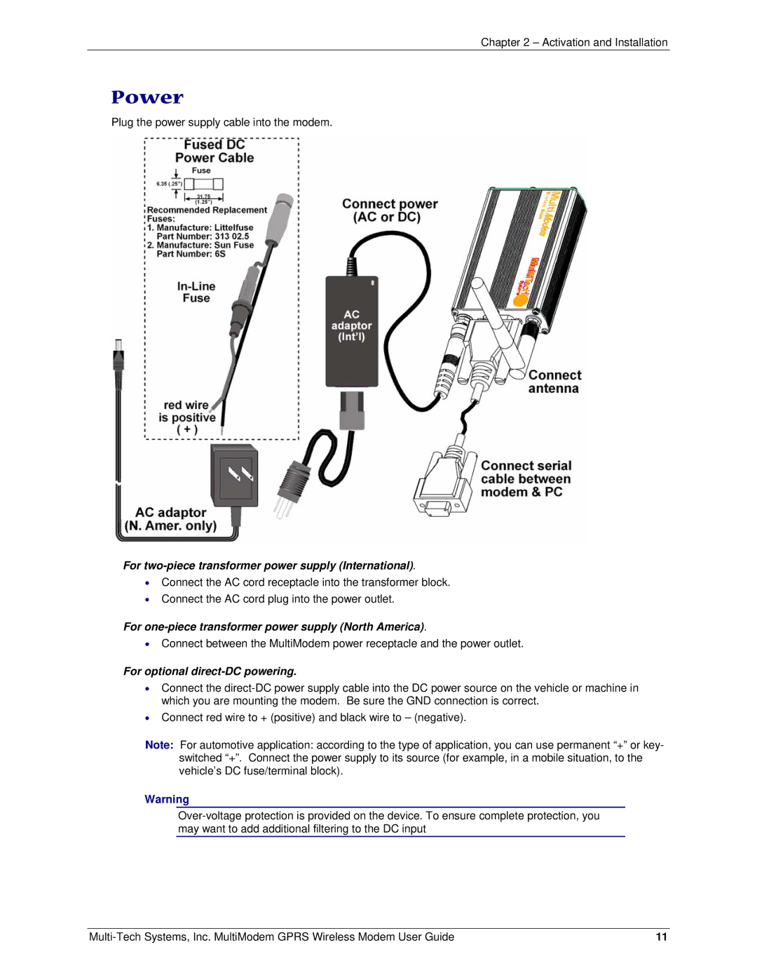 Multi-Tech Systems F2, MTCBA-G-F1 manual Power 