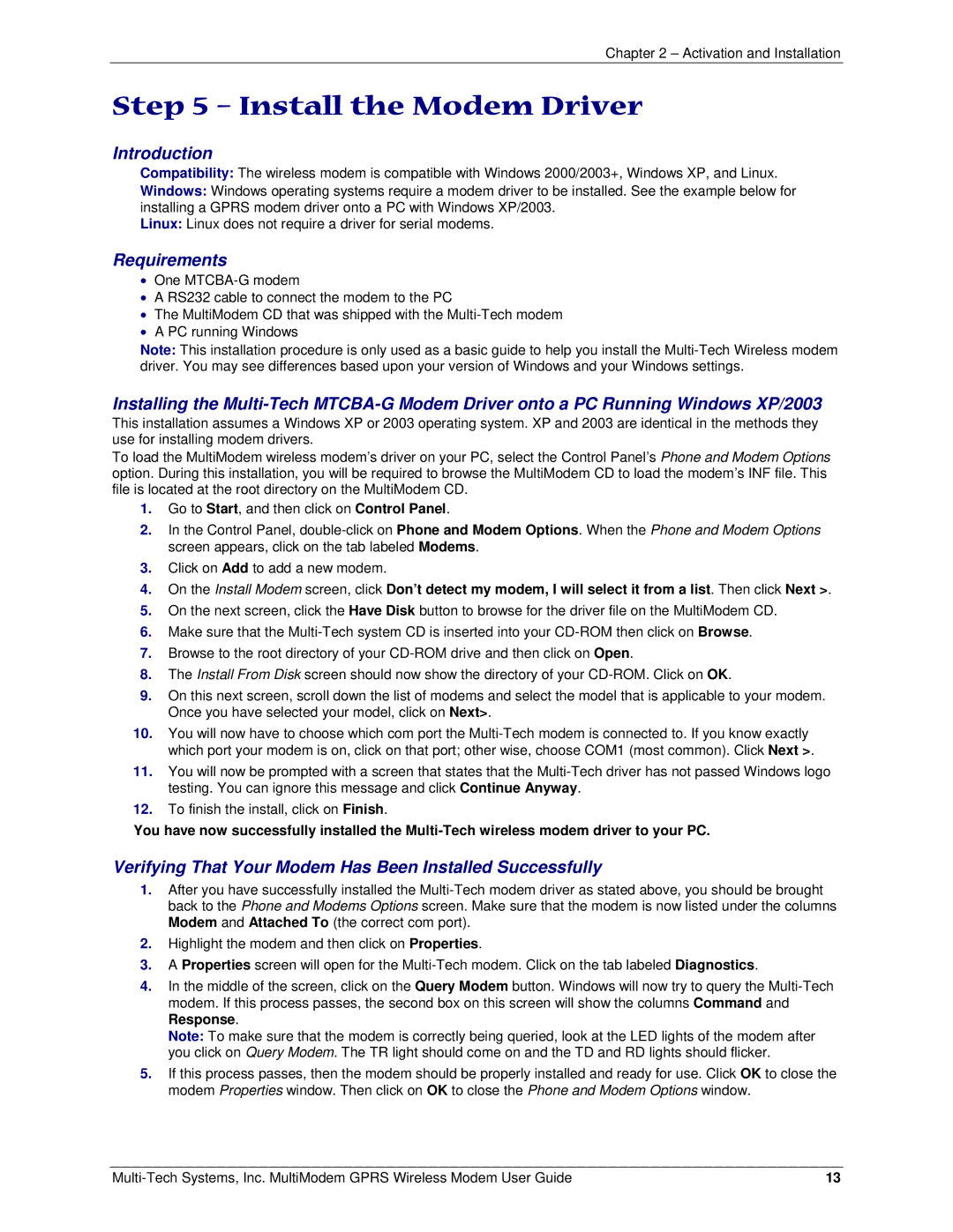 Multi-Tech Systems F2, MTCBA-G-F1 manual Install the Modem Driver, Introduction, Requirements 