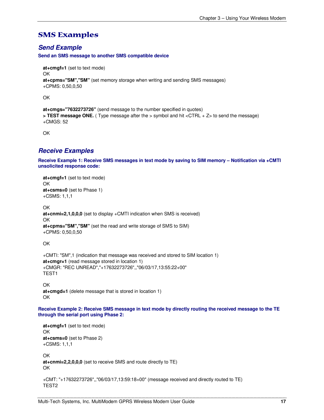 Multi-Tech Systems F2, MTCBA-G-F1 manual SMS Examples, Send an SMS message to another SMS compatible device 