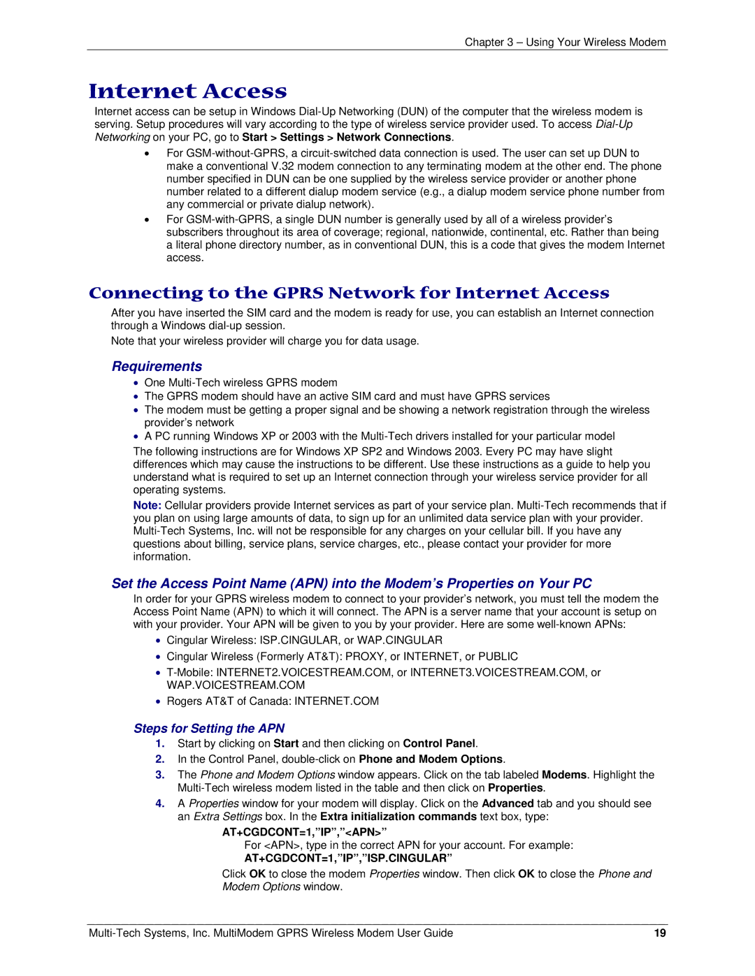 Multi-Tech Systems F2, MTCBA-G-F1 manual Connecting to the Gprs Network for Internet Access 