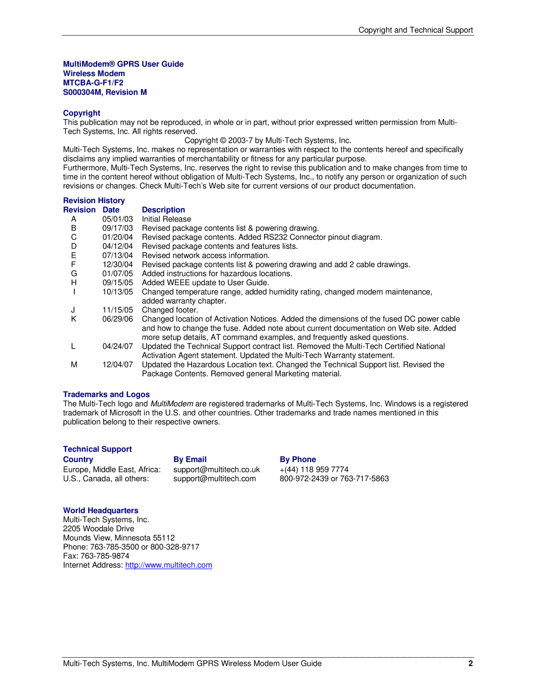 Multi-Tech Systems MTCBA-G-F1, F2 manual MultiModem Gprs User Guide Wireless Modem, S000304M, Revision M Copyright 