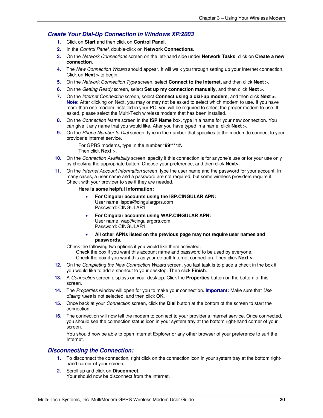 Multi-Tech Systems MTCBA-G-F1, F2 manual Create Your Dial-Up Connection in Windows XP/2003, Disconnecting the Connection 