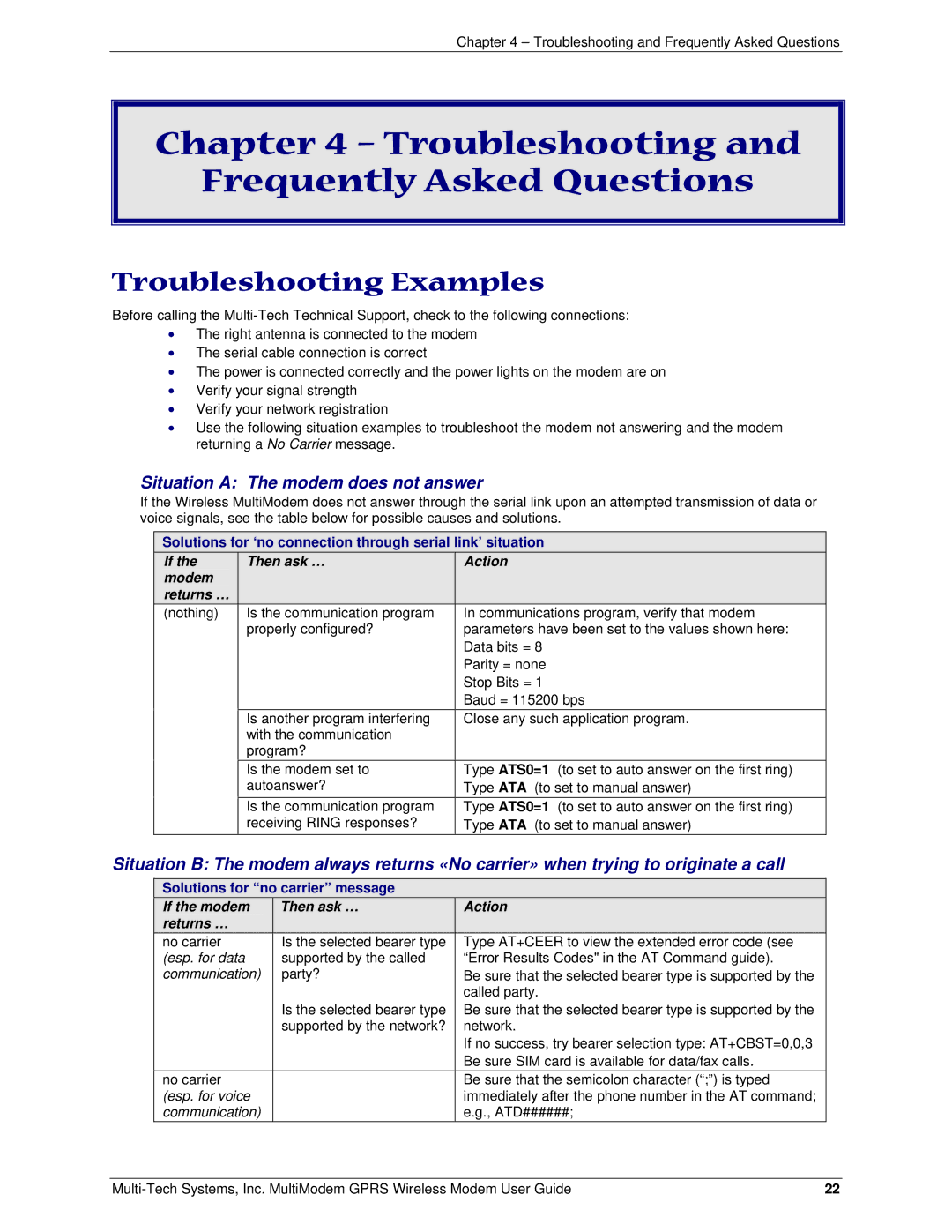 Multi-Tech Systems MTCBA-G-F1, F2 manual Troubleshooting Frequently Asked Questions, Troubleshooting Examples 