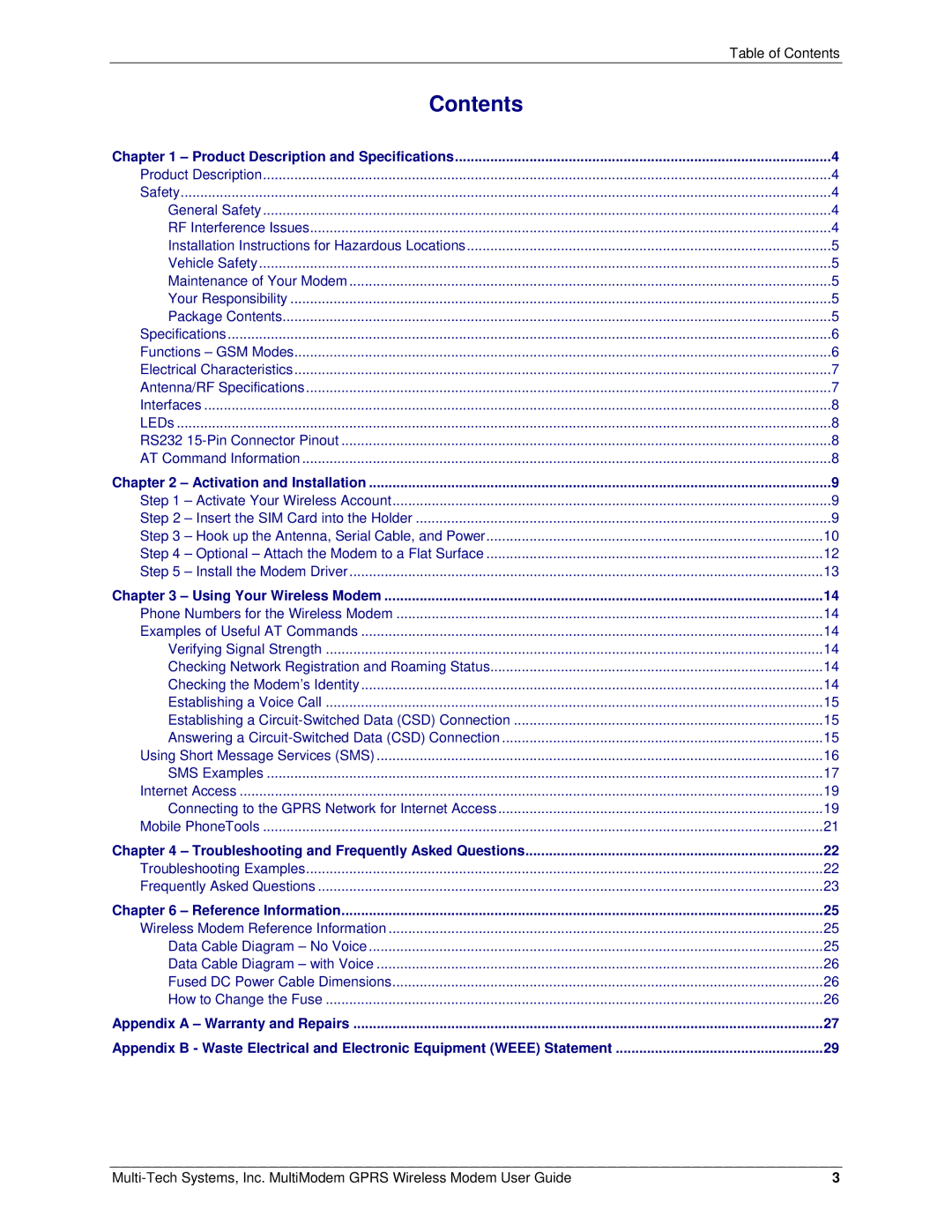 Multi-Tech Systems F2, MTCBA-G-F1 manual Contents 