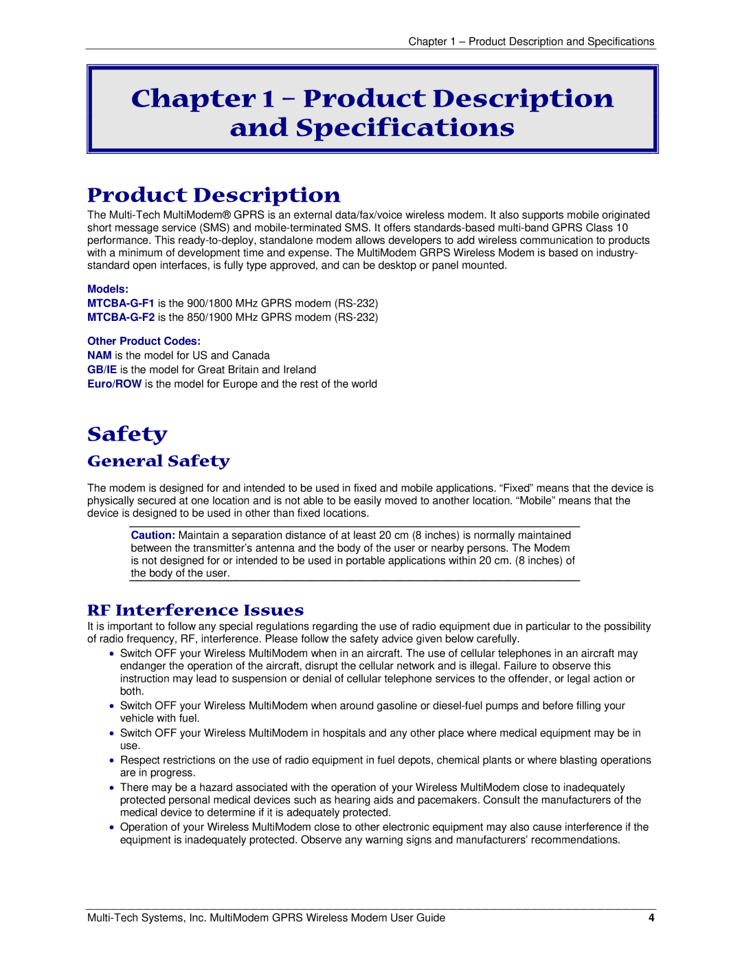 Multi-Tech Systems MTCBA-G-F1, F2 manual Product Description Specifications, General Safety, RF Interference Issues 