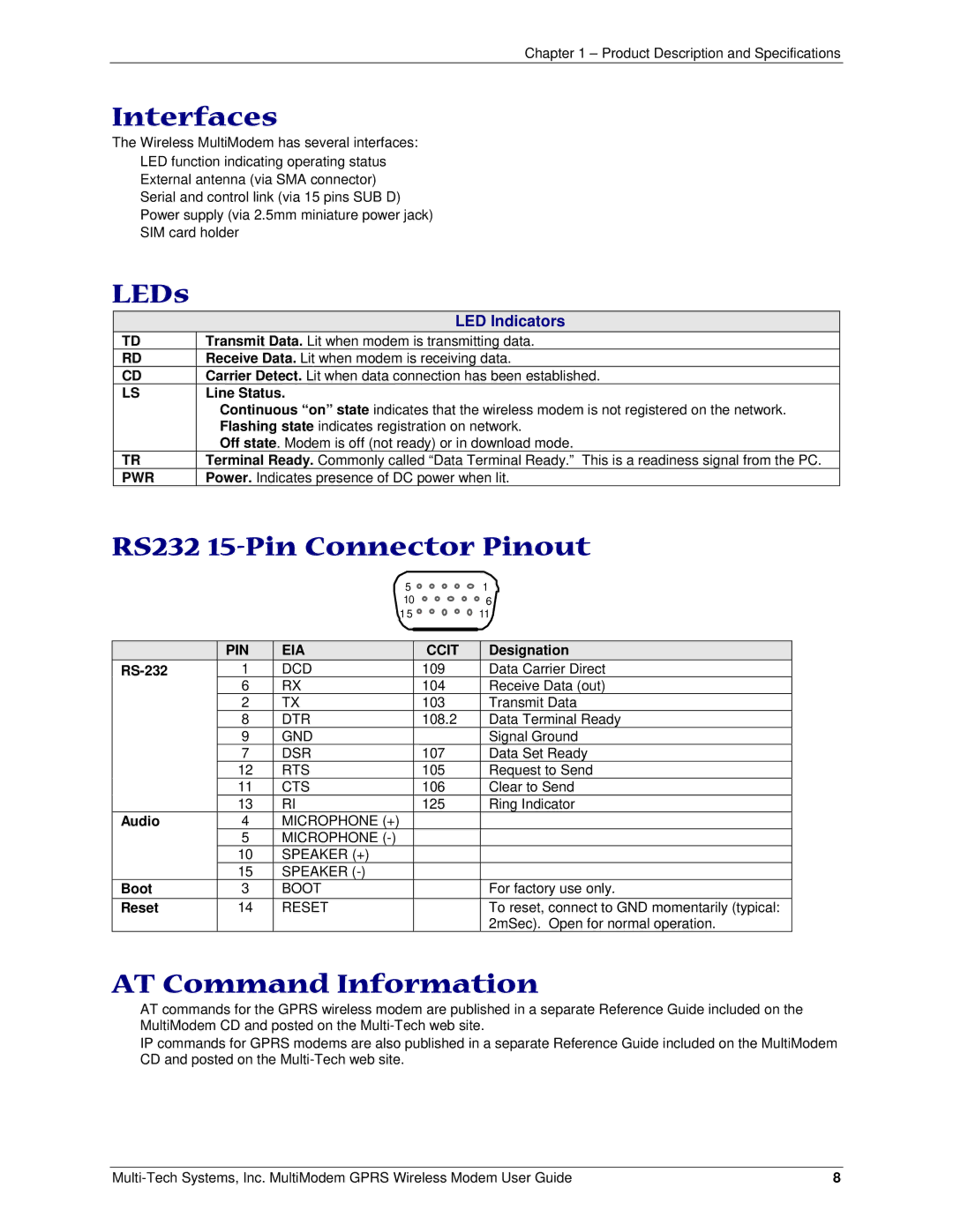 Multi-Tech Systems MTCBA-G-F1, F2 manual Interfaces, LEDs, RS232 15-Pin Connector Pinout, AT Command Information 