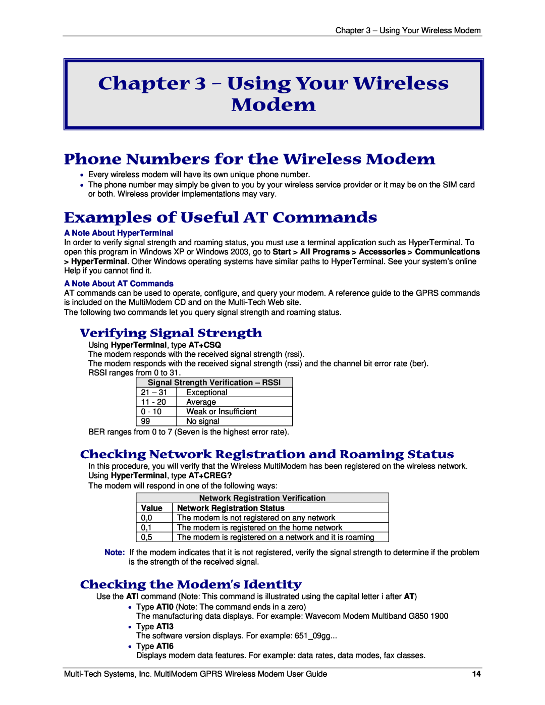 Multi-Tech Systems MTCBA-G-F1 Using Your Wireless Modem, Phone Numbers for the Wireless Modem, Verifying Signal Strength 