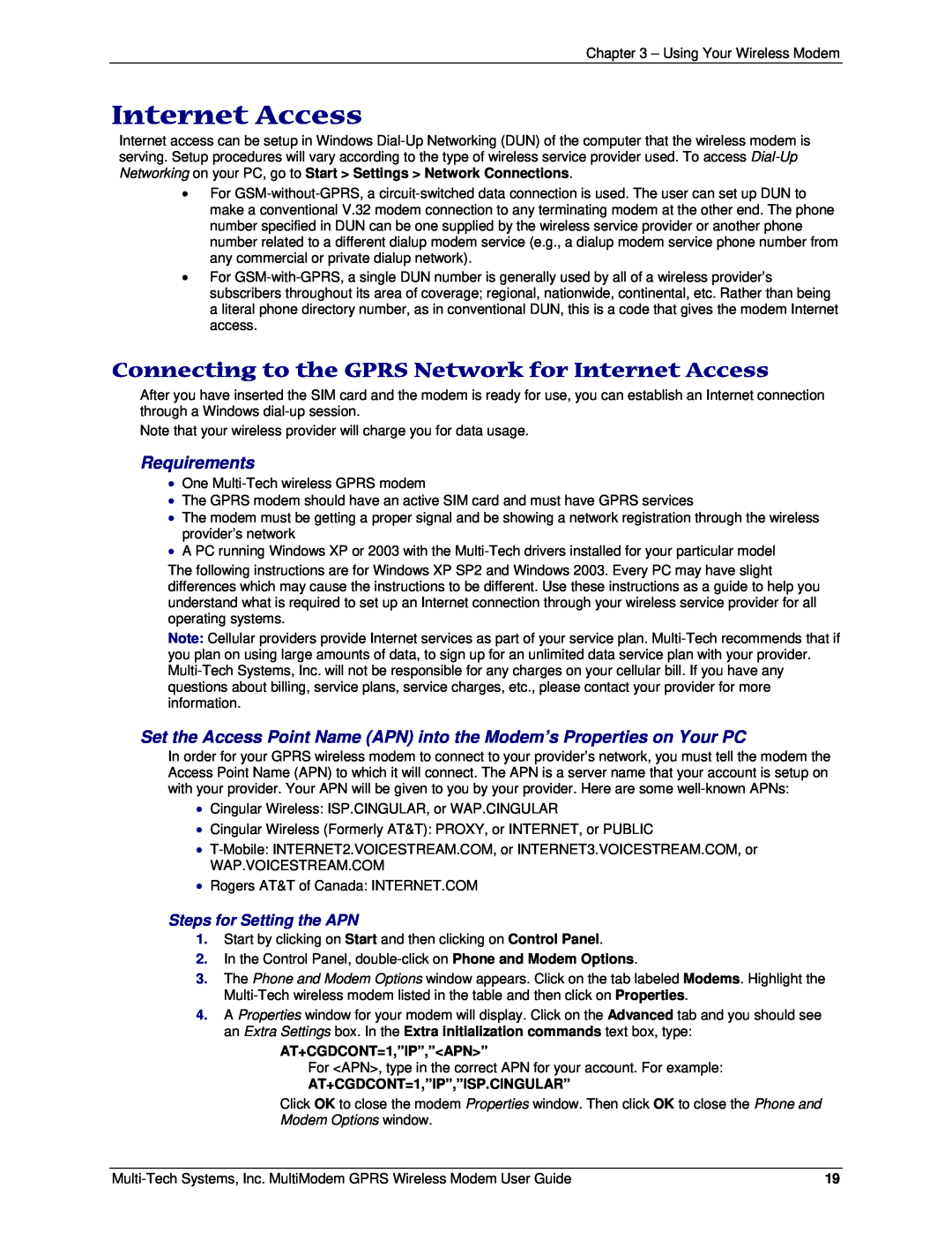 Multi-Tech Systems F2 manual Connecting to the GPRS Network for Internet Access, Modem Options window, Requirements 