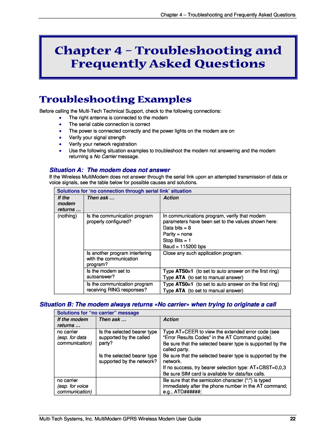 Multi-Tech Systems MTCBA-G-F1 Troubleshooting and Frequently Asked Questions, Troubleshooting Examples, If the, Then ask … 