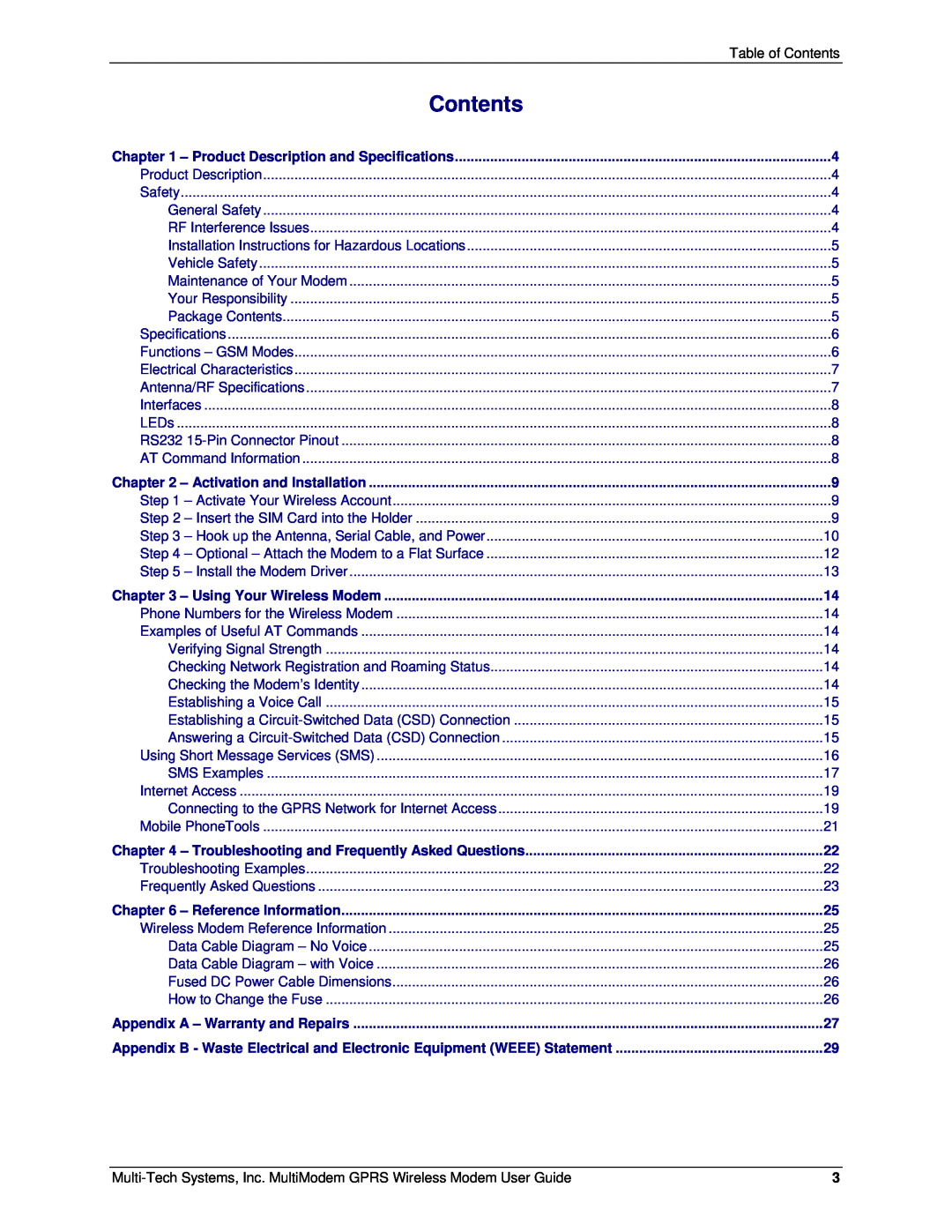 Multi-Tech Systems F2, MTCBA-G-F1 manual Contents 