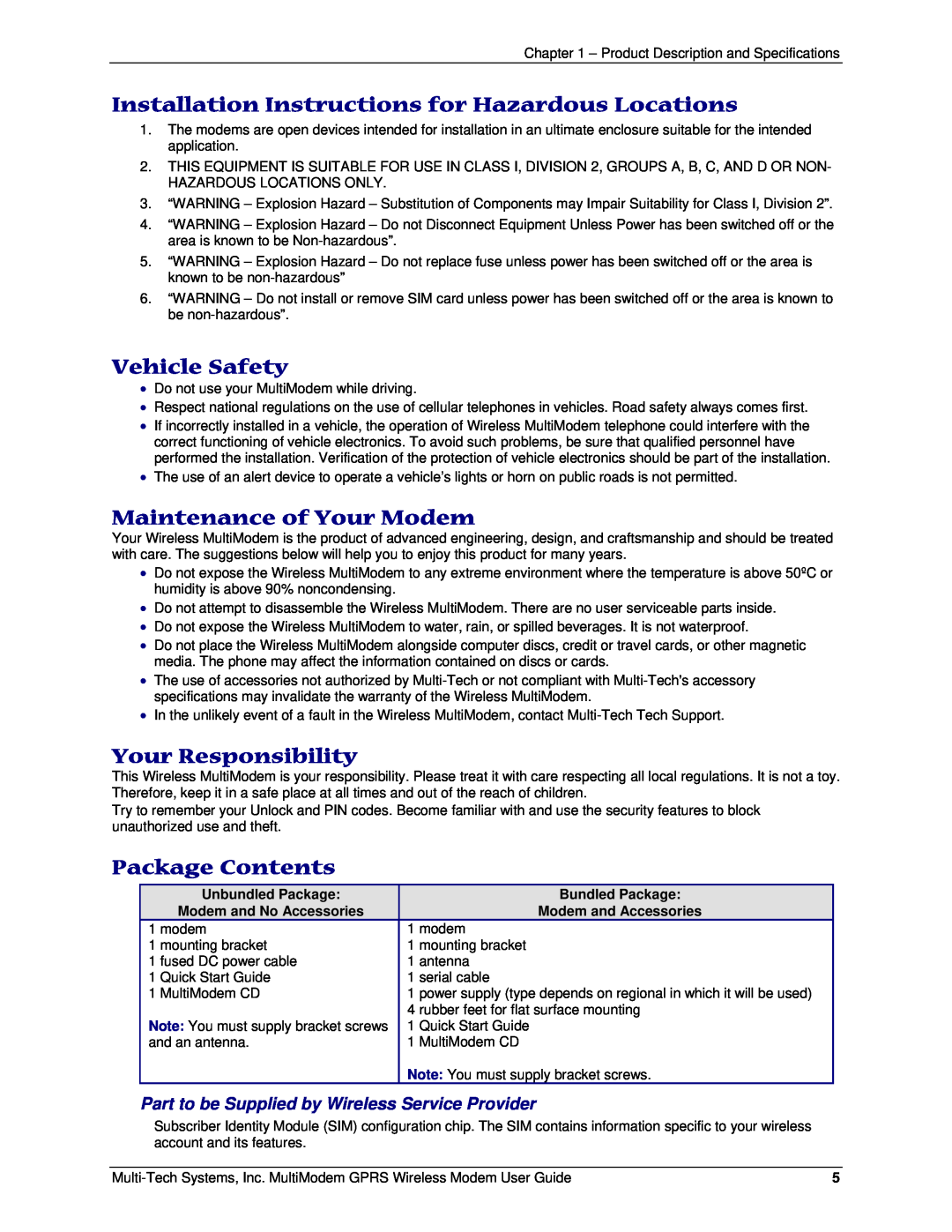 Multi-Tech Systems F2 manual Installation Instructions for Hazardous Locations, Vehicle Safety, Maintenance of Your Modem 