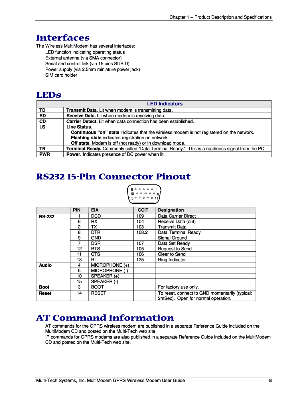 Multi-Tech Systems MTCBA-G-F1, F2 Interfaces, LEDs, RS232 15-Pin Connector Pinout, AT Command Information, LED Indicators 