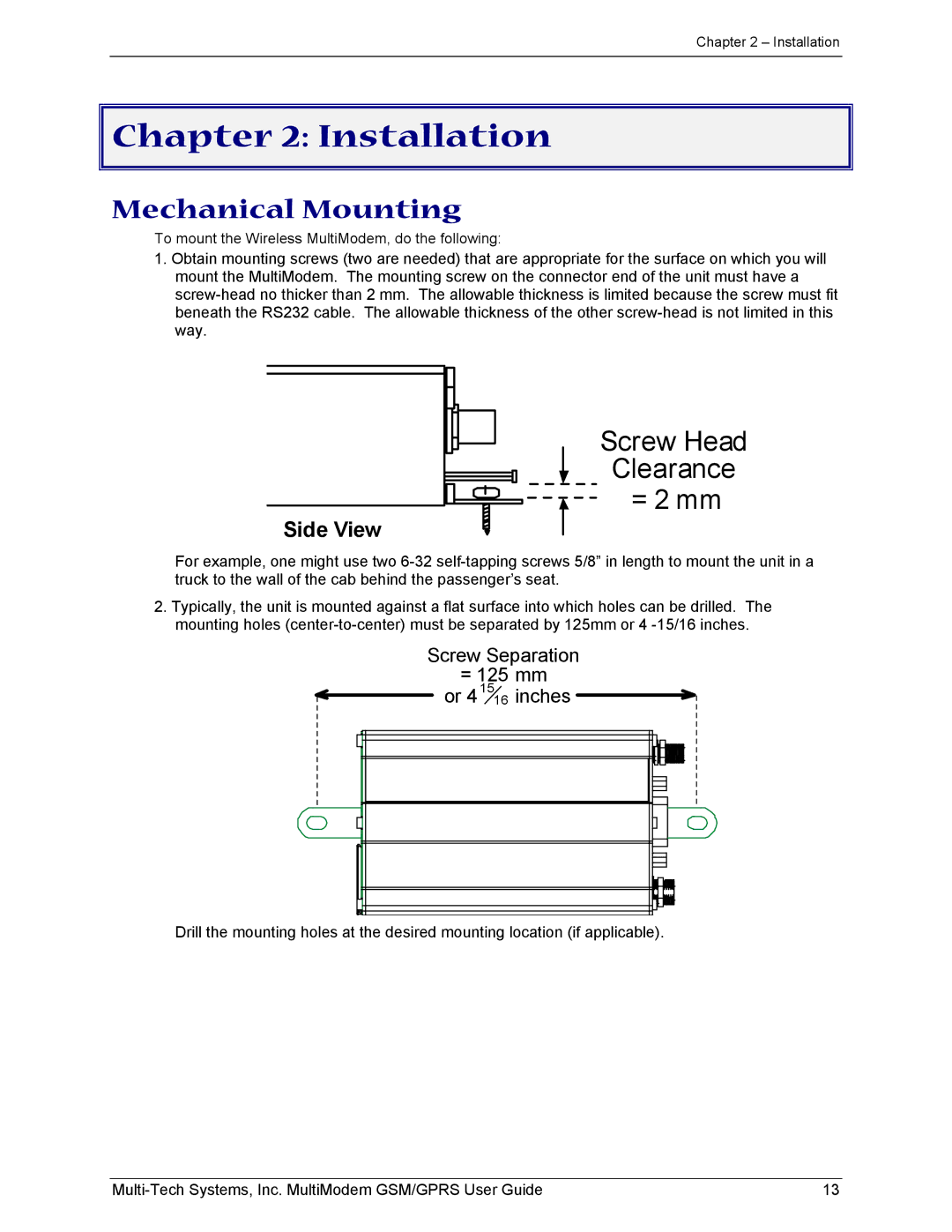 Multi-Tech Systems MTCBA-G-F1 manual Installation, Mechanical Mounting 