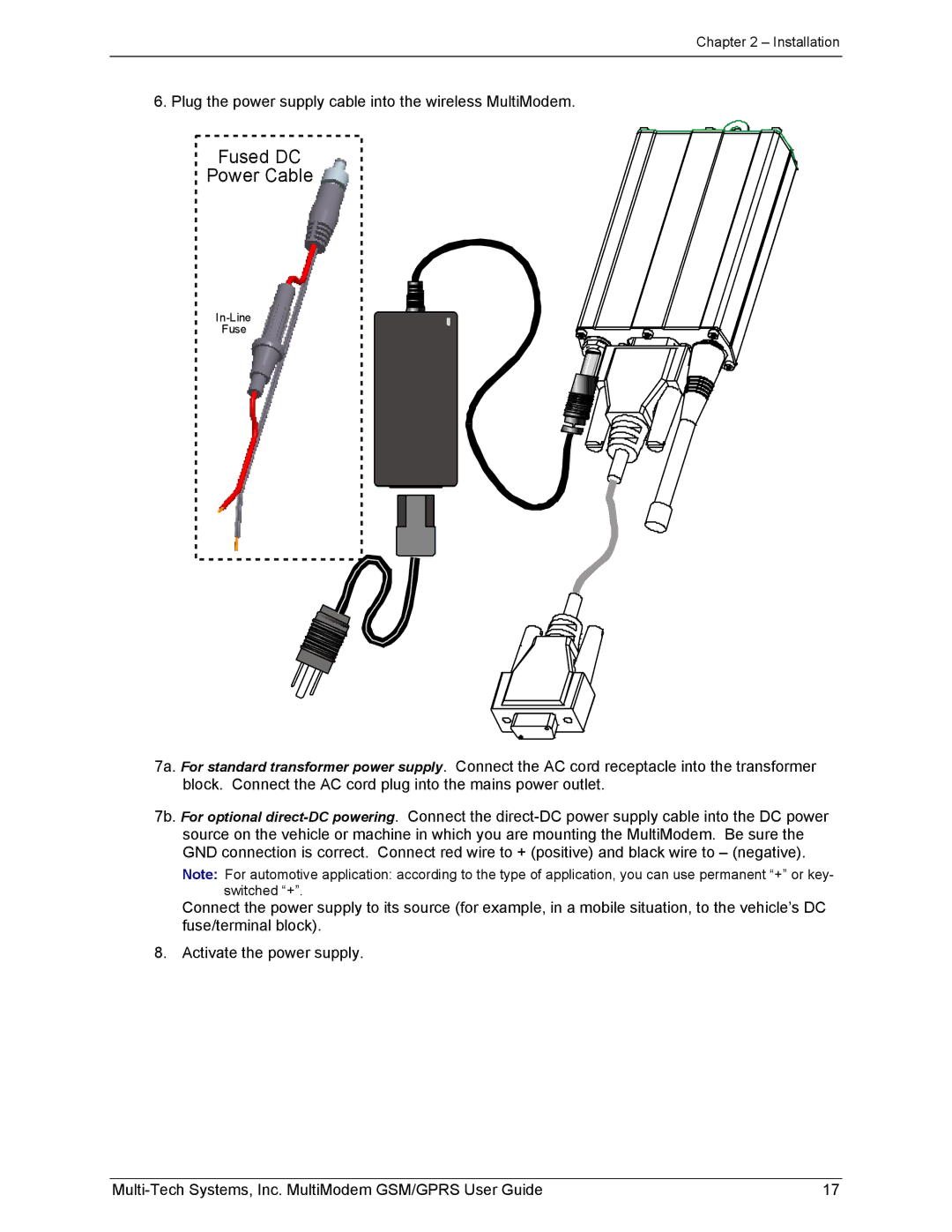 Multi-Tech Systems MTCBA-G-F1 manual Fused DC Power Cable 