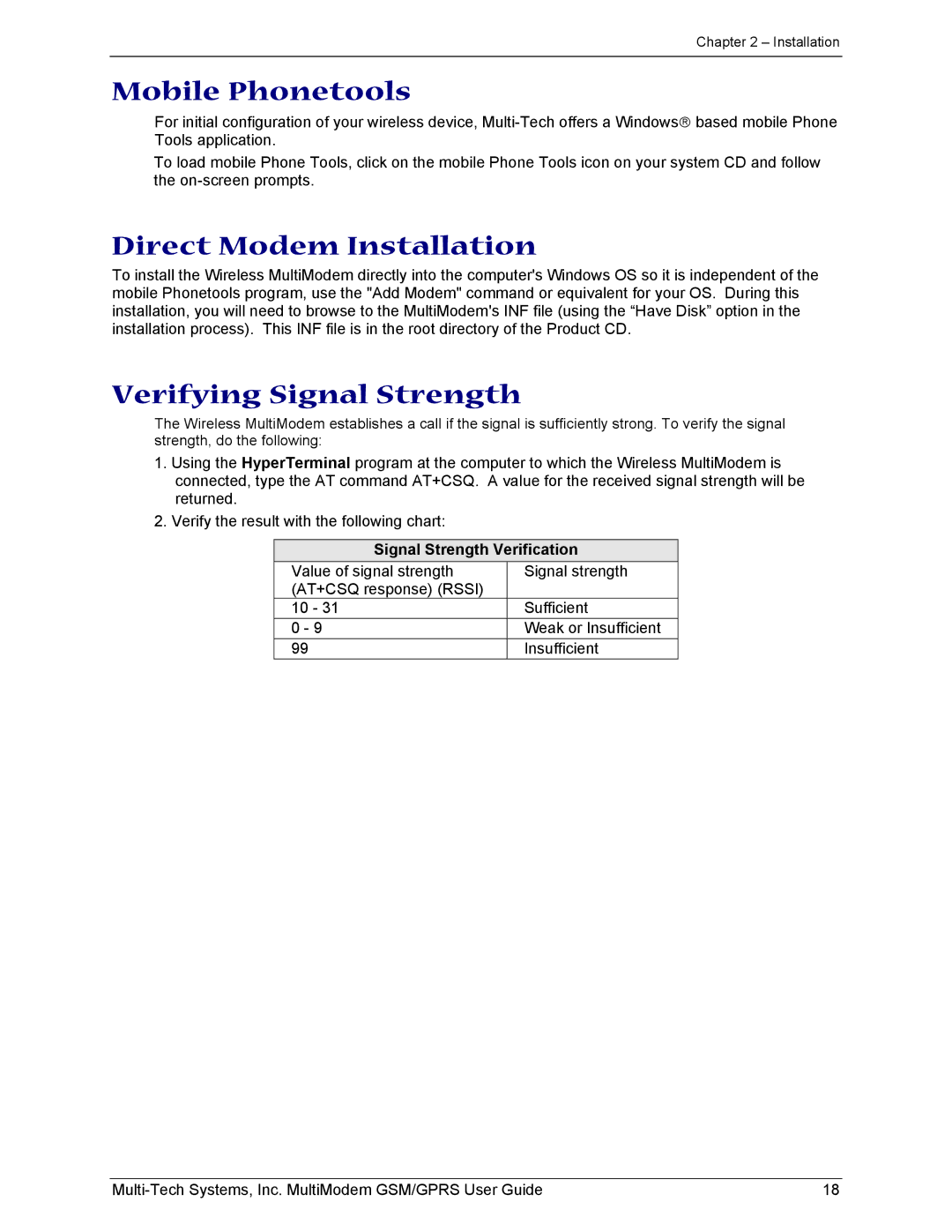 Multi-Tech Systems MTCBA-G-F1 manual Mobile Phonetools, Direct Modem Installation, Verifying Signal Strength 