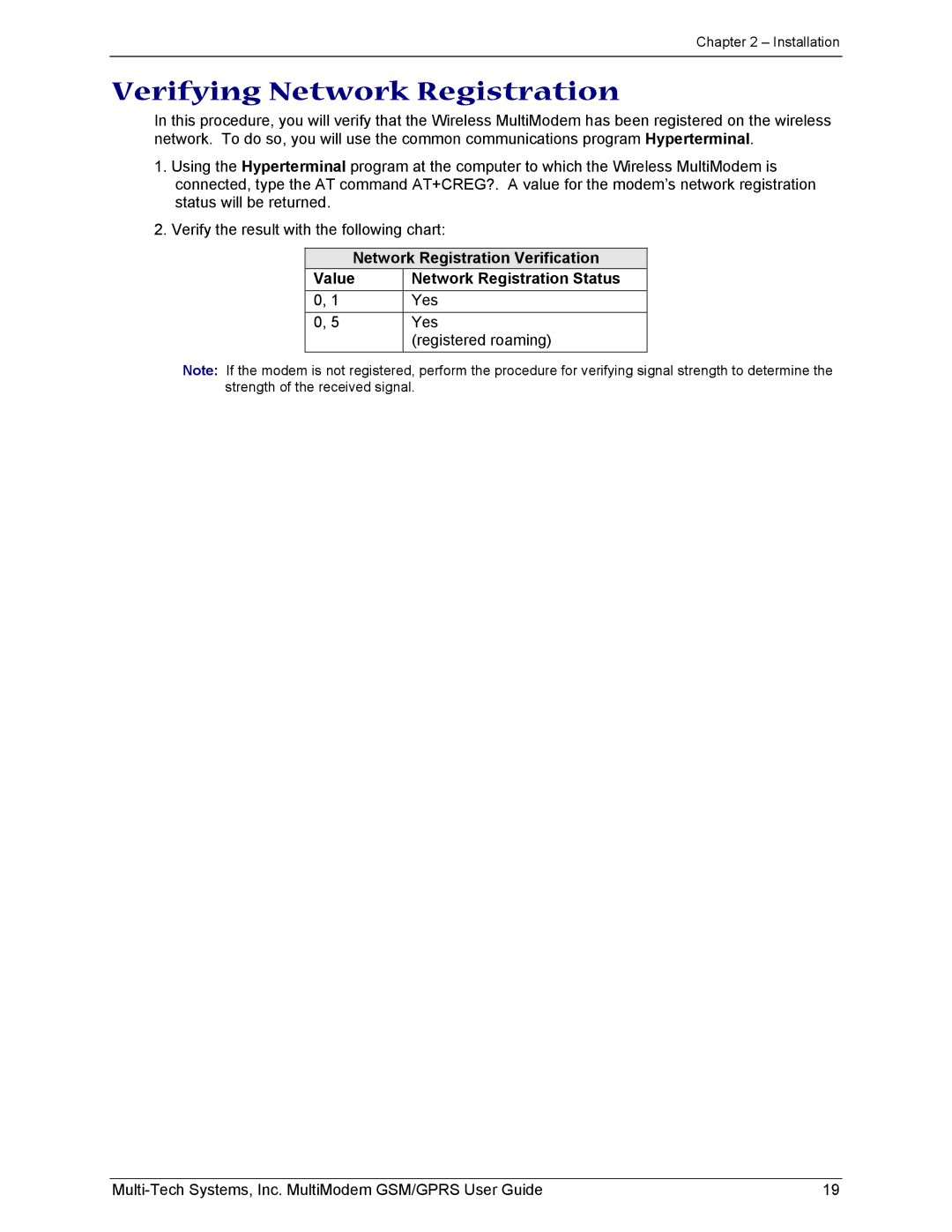 Multi-Tech Systems MTCBA-G-F1 manual Verifying Network Registration 