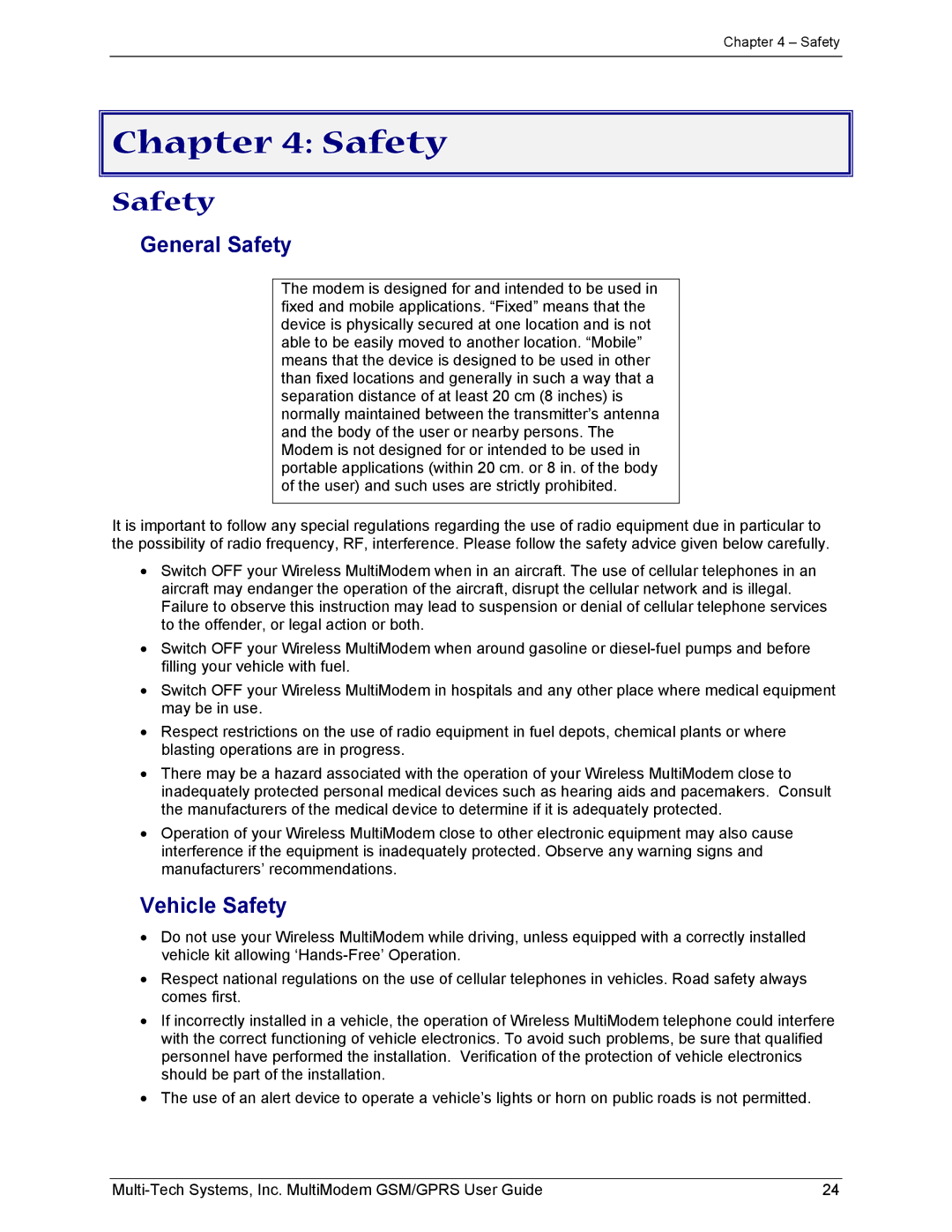 Multi-Tech Systems MTCBA-G-F1 manual General Safety, Vehicle Safety 