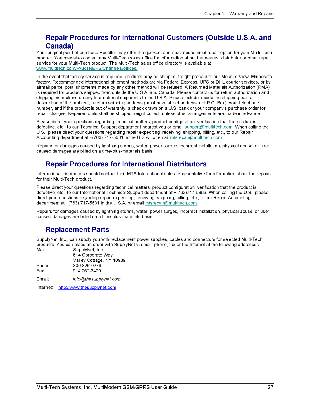 Multi-Tech Systems MTCBA-G-F1 manual Repair Procedures for International Distributors, Replacement Parts 