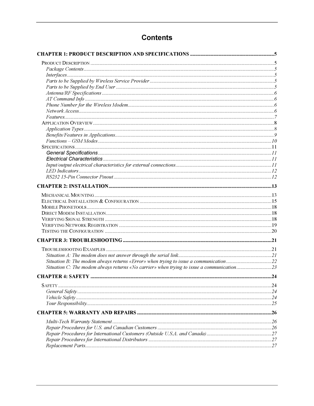 Multi-Tech Systems MTCBA-G-F1 manual Contents 