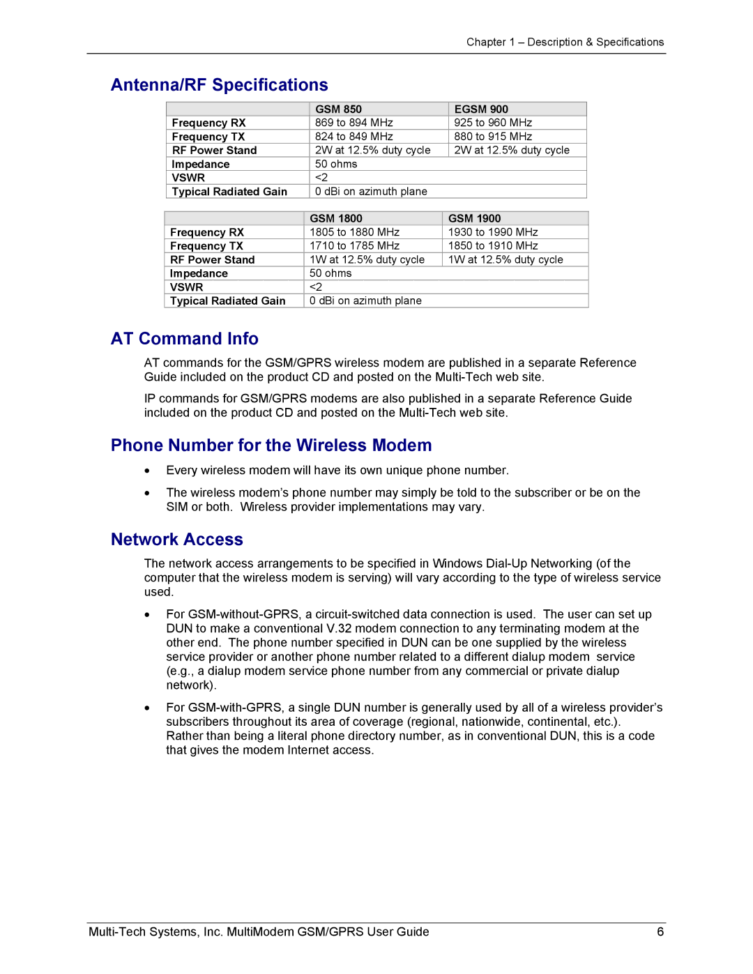 Multi-Tech Systems MTCBA-G-F1 manual Antenna/RF Specifications, AT Command Info, Phone Number for the Wireless Modem 