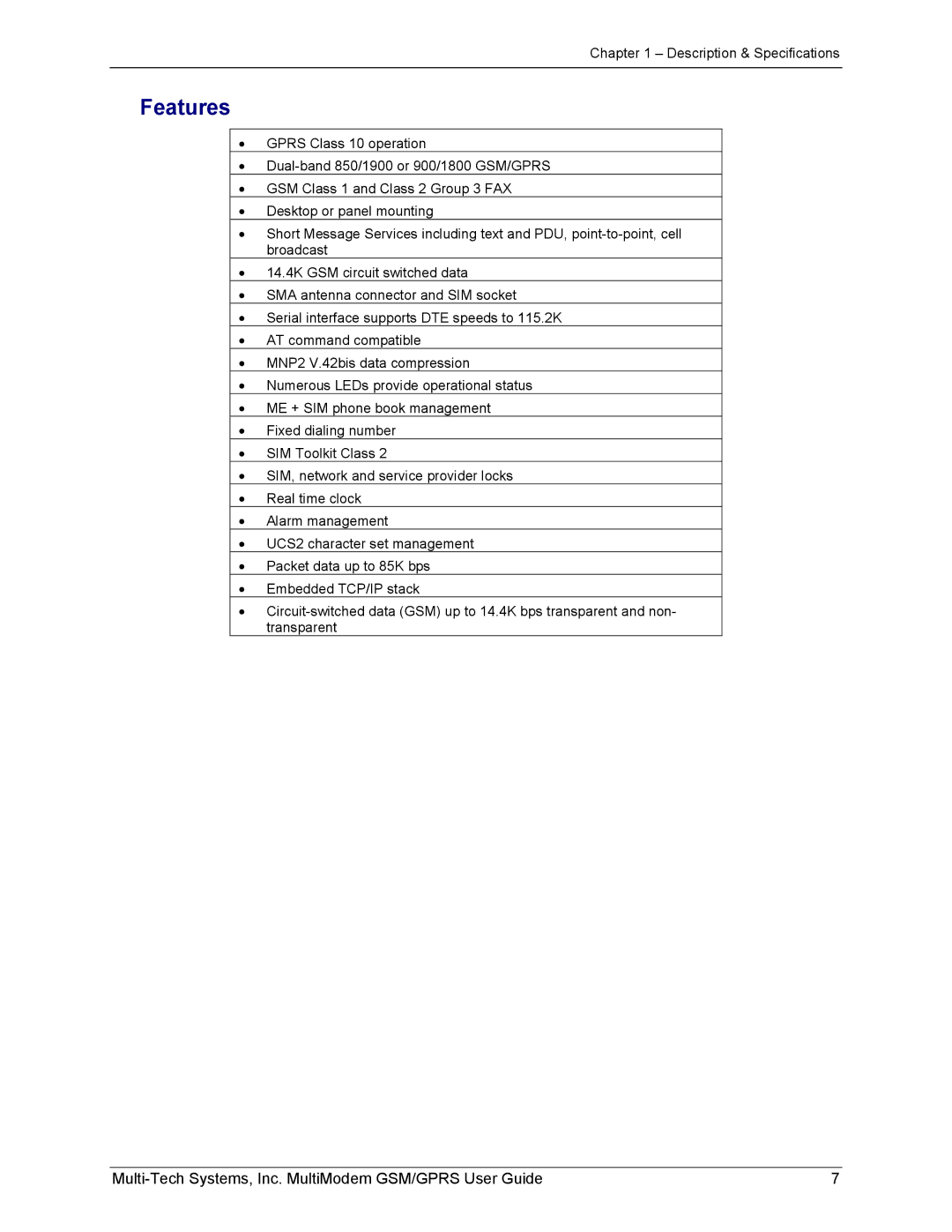 Multi-Tech Systems MTCBA-G-F1 manual Features 