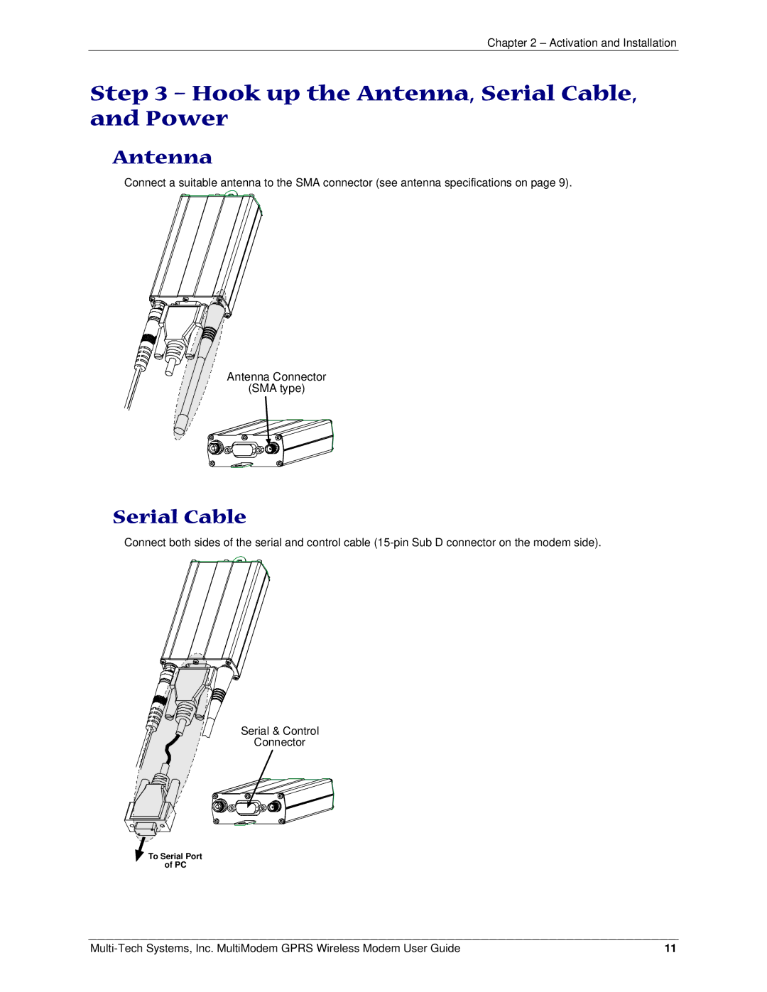 Multi-Tech Systems MTCBA-G-F4 manual Hook up the Antenna, Serial Cable, and Power 