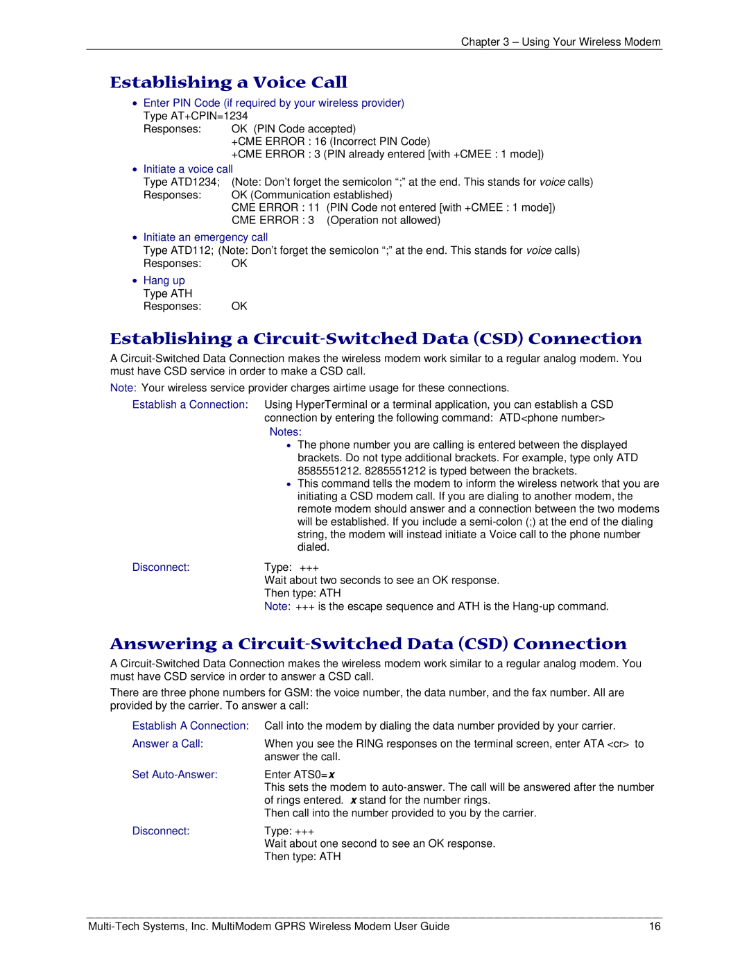 Multi-Tech Systems MTCBA-G-F4 manual Establishing a Voice Call, Establishing a Circuit-Switched Data CSD Connection 