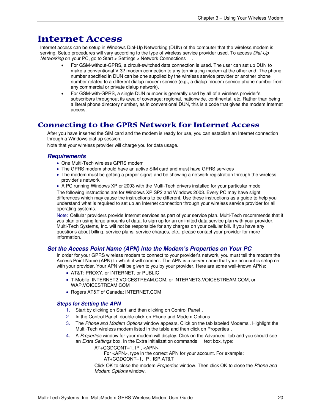 Multi-Tech Systems MTCBA-G-F4 manual Connecting to the Gprs Network for Internet Access 