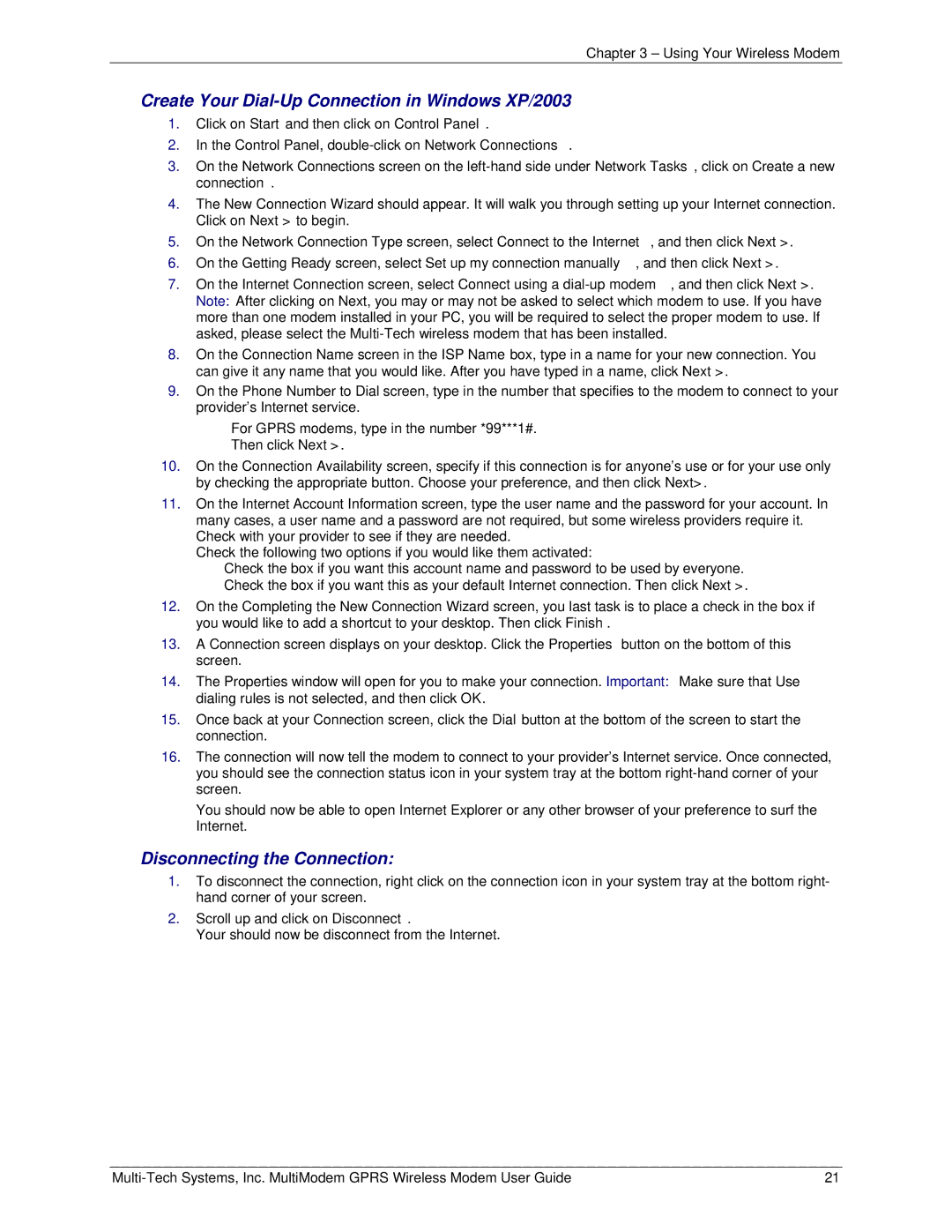 Multi-Tech Systems MTCBA-G-F4 manual Create Your Dial-Up Connection in Windows XP/2003, Disconnecting the Connection 