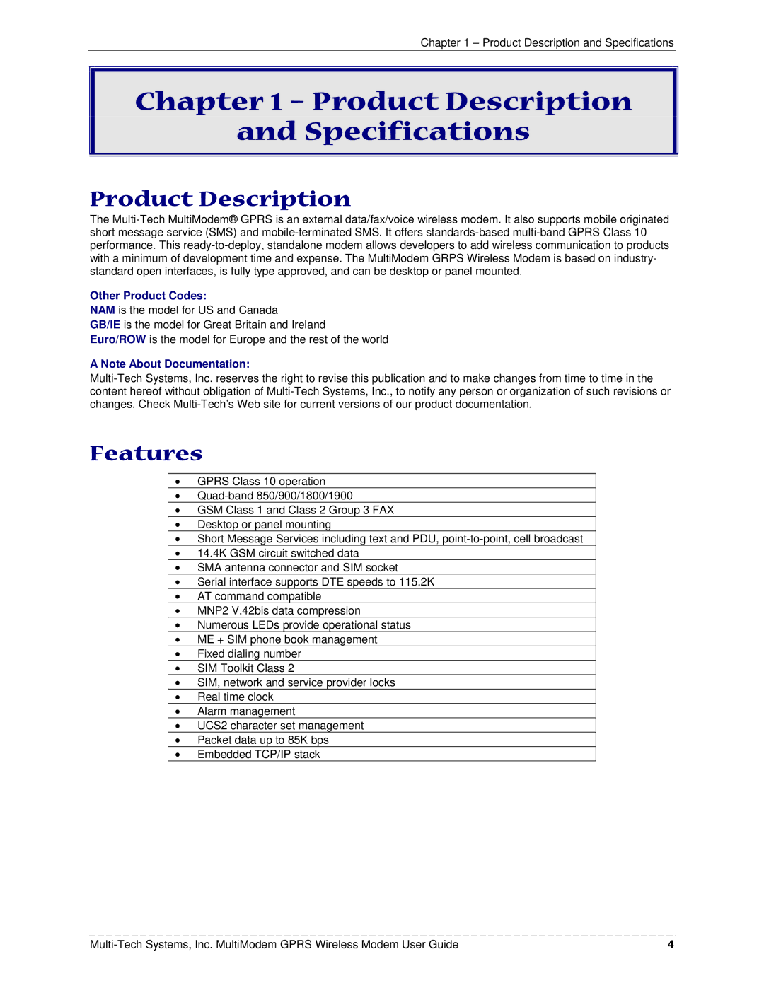 Multi-Tech Systems MTCBA-G-F4 manual Product Description Specifications, Features, Other Product Codes 