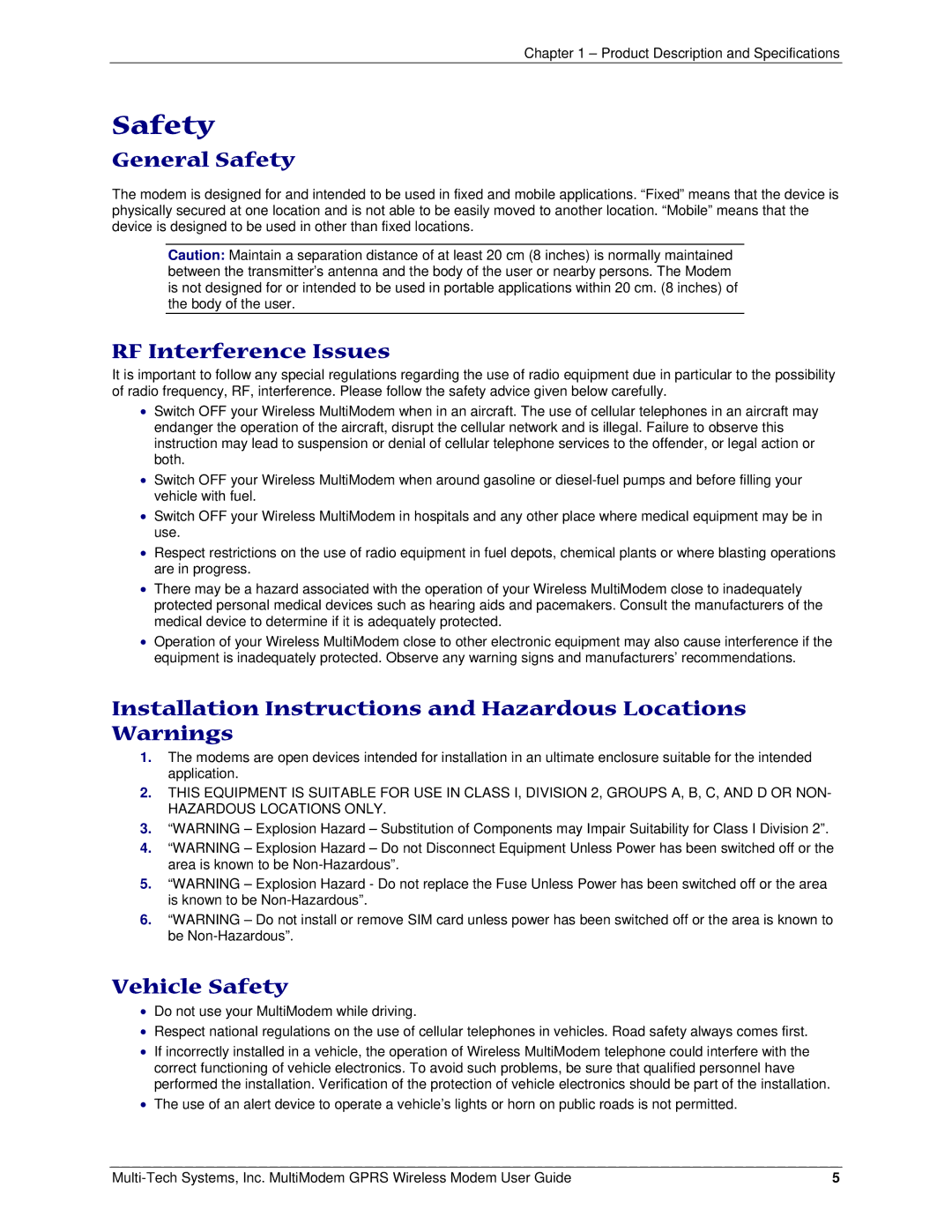 Multi-Tech Systems MTCBA-G-F4 manual General Safety, RF Interference Issues, Vehicle Safety 