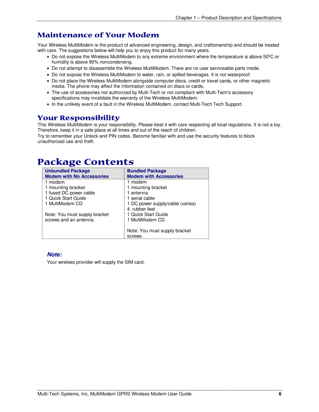 Multi-Tech Systems MTCBA-G-F4 manual Package Contents 