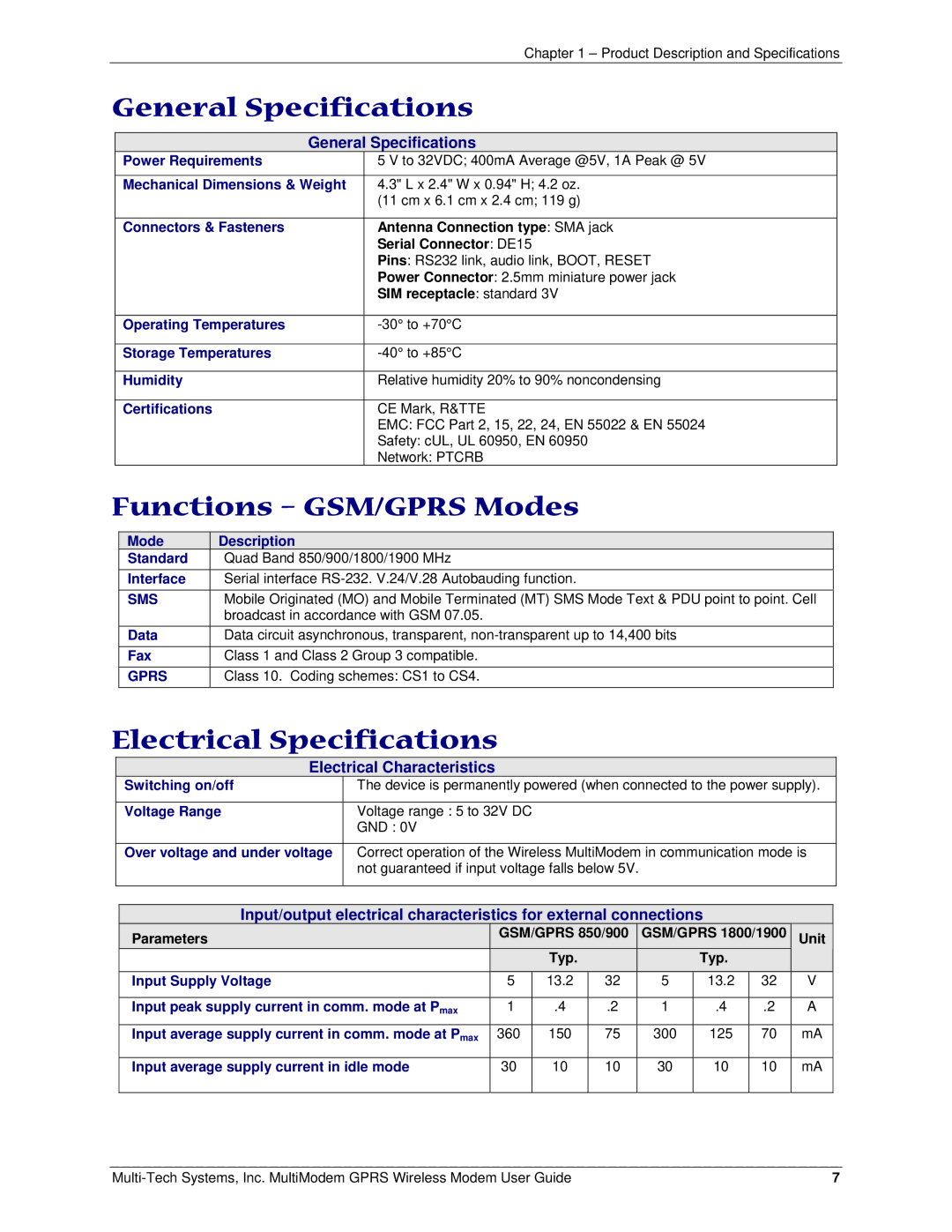 Multi-Tech Systems MTCBA-G-F4 manual General Specifications, Functions GSM/GPRS Modes, Electrical Specifications 