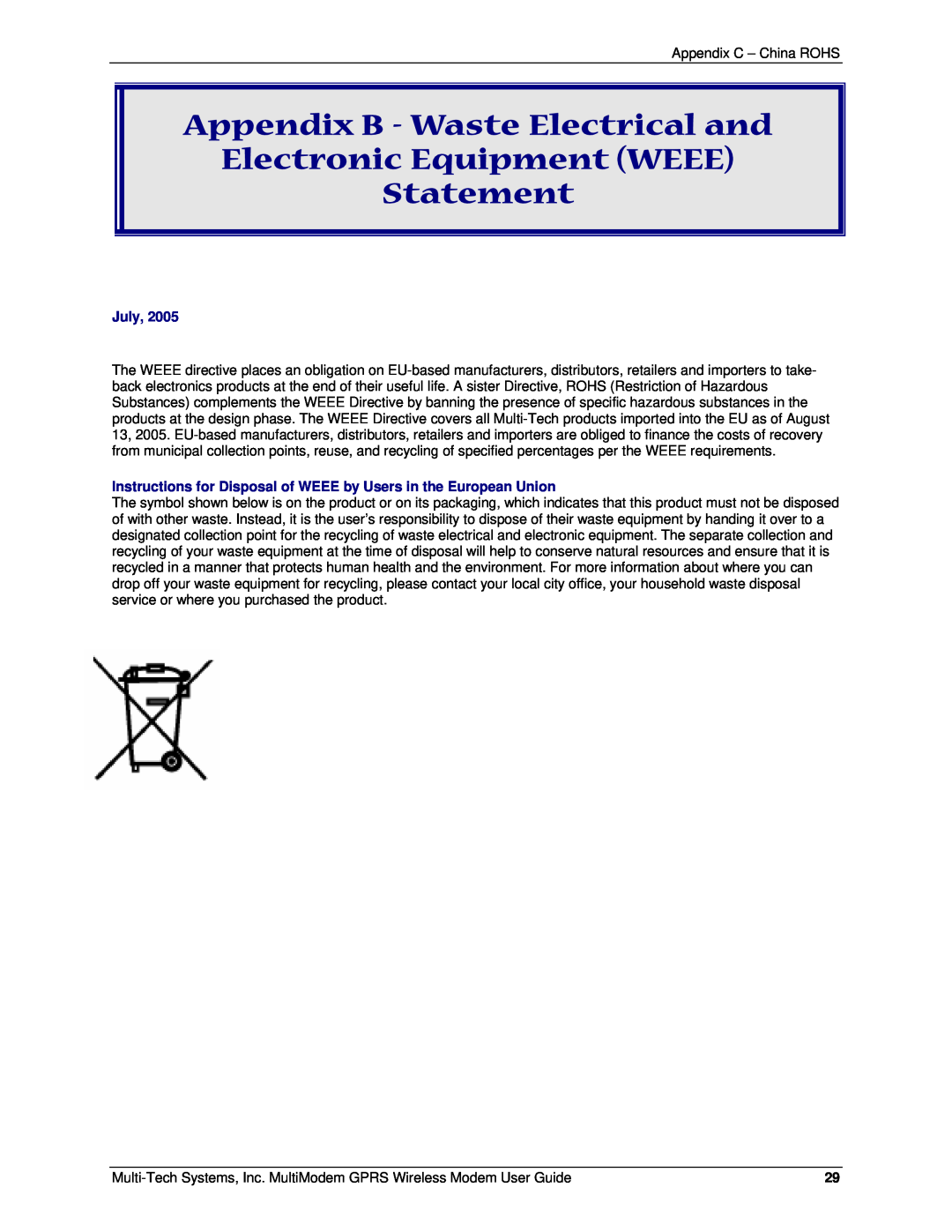 Multi-Tech Systems MTCBA-G-F4 manual Appendix B - Waste Electrical and Electronic Equipment WEEE Statement, July 