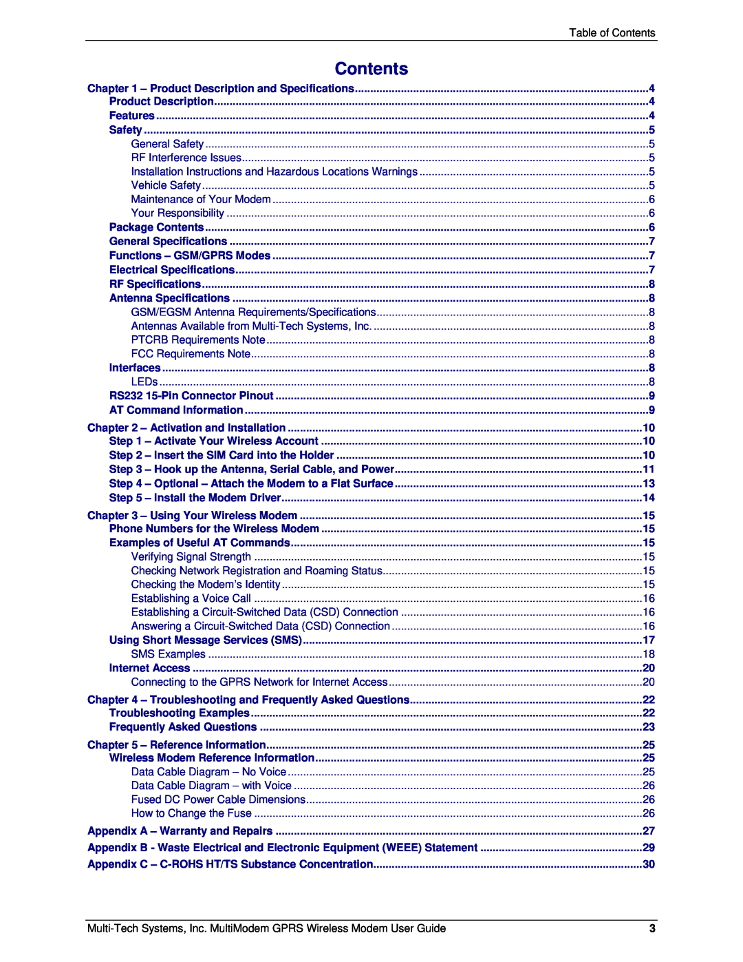 Multi-Tech Systems MTCBA-G-F4 manual Contents 