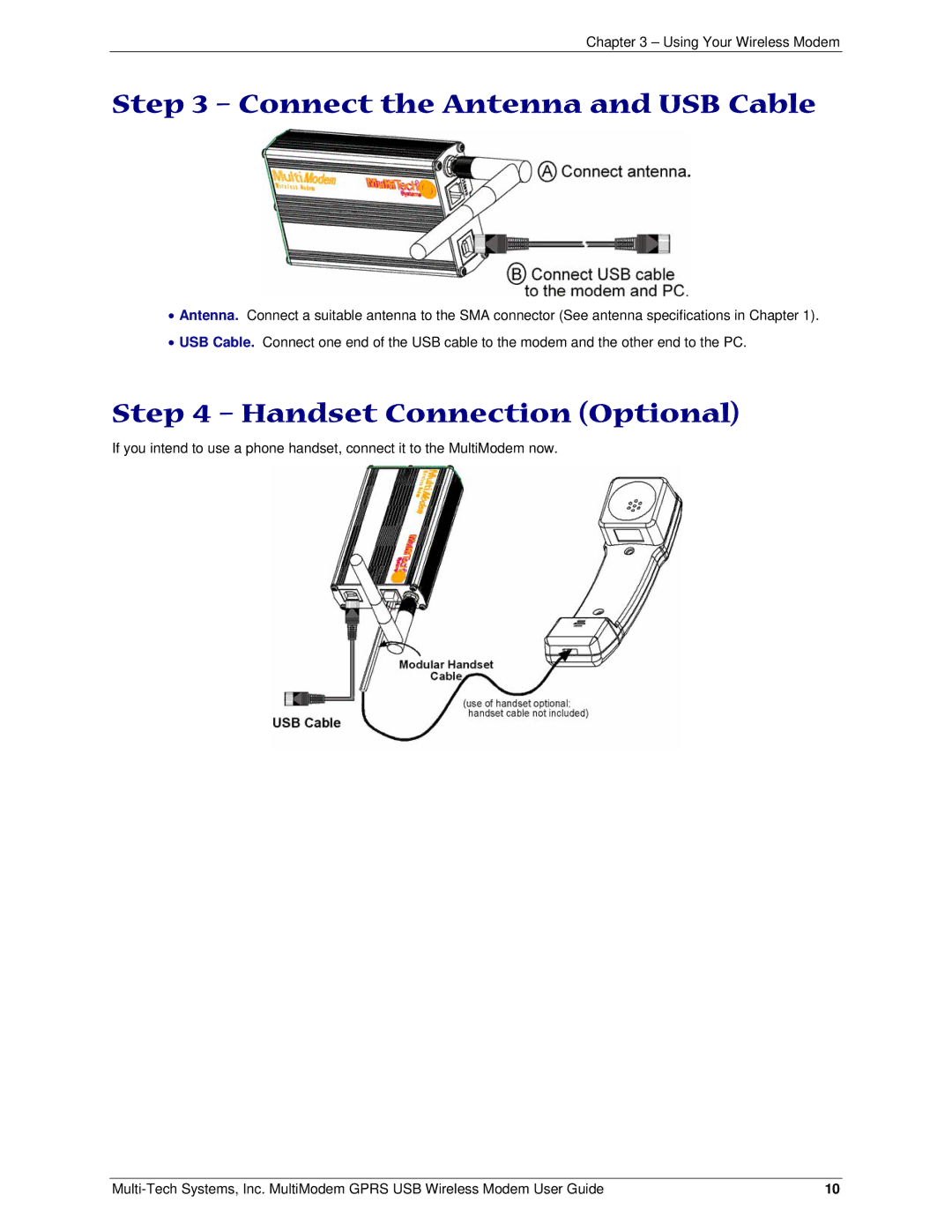 Multi-Tech Systems MTCBA-G-U-F4 manual Connect the Antenna and USB Cable, Handset Connection Optional 