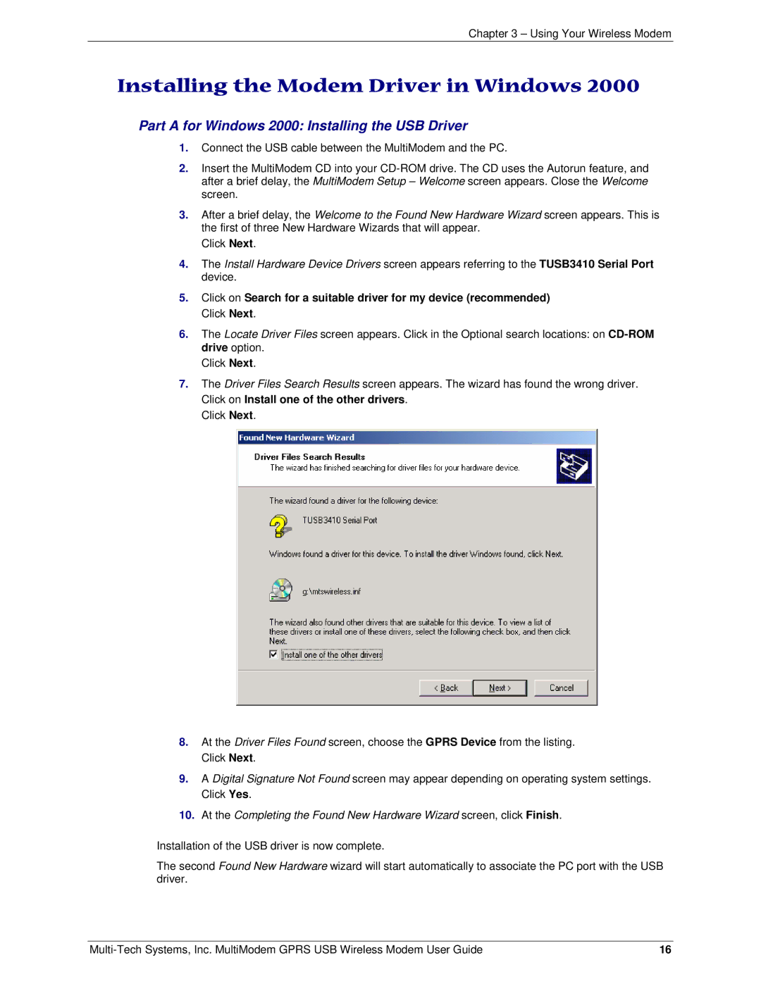 Multi-Tech Systems MTCBA-G-U-F4 Installing the Modem Driver in Windows, Part a for Windows 2000 Installing the USB Driver 