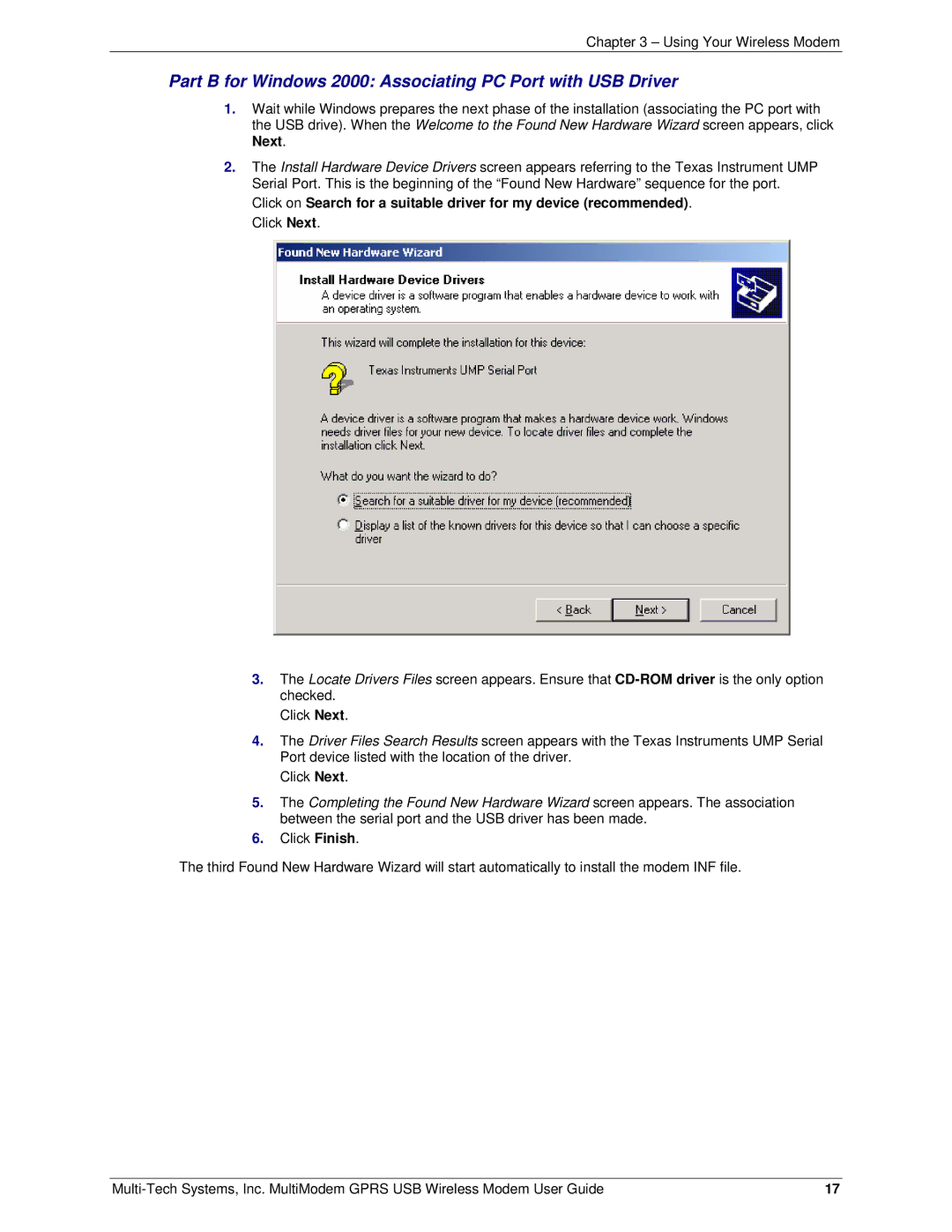 Multi-Tech Systems MTCBA-G-U-F4 manual Part B for Windows 2000 Associating PC Port with USB Driver 