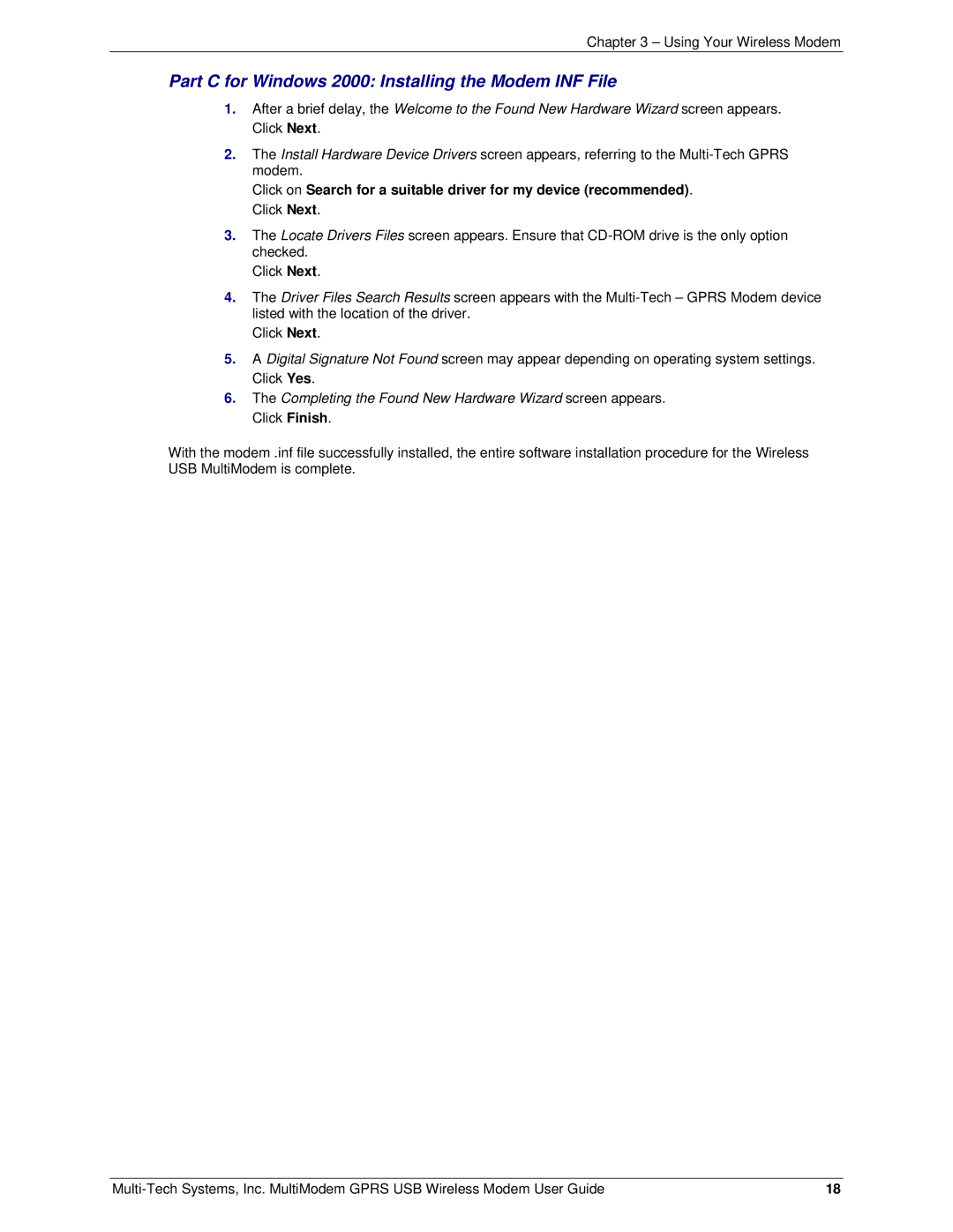 Multi-Tech Systems MTCBA-G-U-F4 manual Part C for Windows 2000 Installing the Modem INF File 