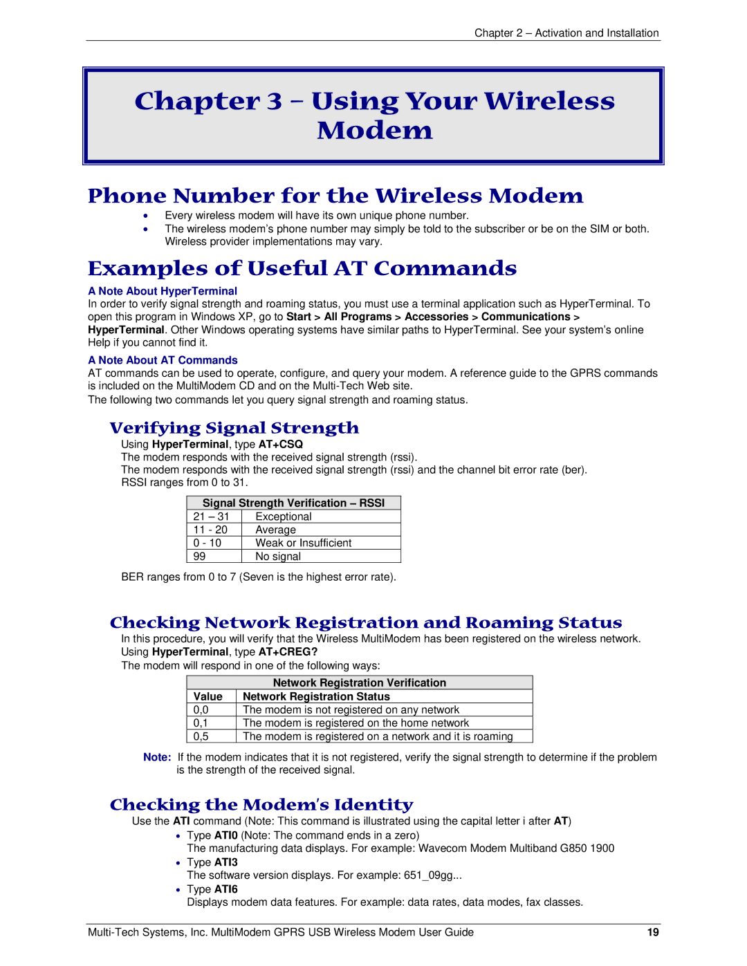 Multi-Tech Systems MTCBA-G-U-F4 manual Using Your Wireless Modem, Phone Number for the Wireless Modem 