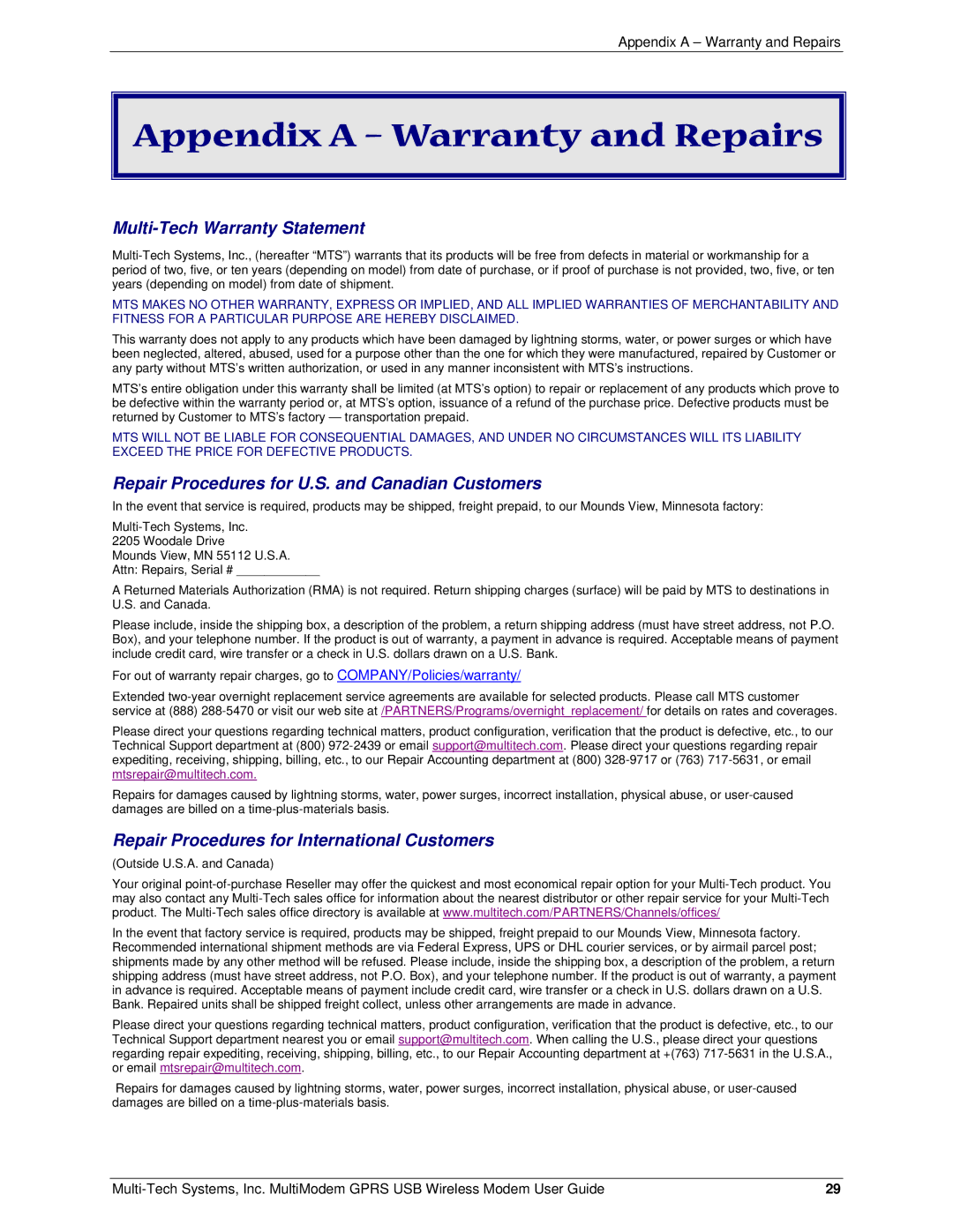 Multi-Tech Systems MTCBA-G-U-F4 manual Appendix a Warranty and Repairs, Multi-Tech Warranty Statement 