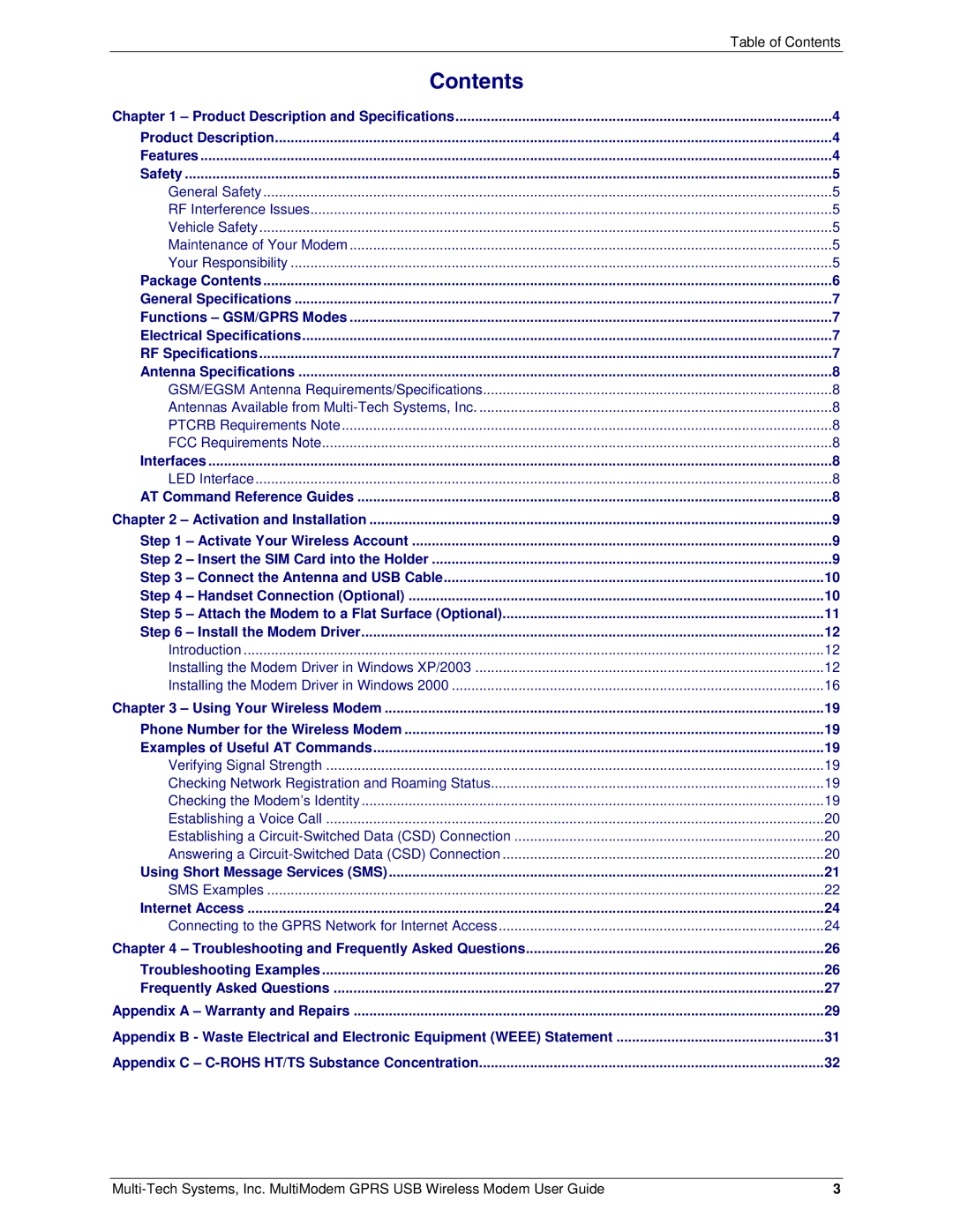 Multi-Tech Systems MTCBA-G-U-F4 manual Contents 