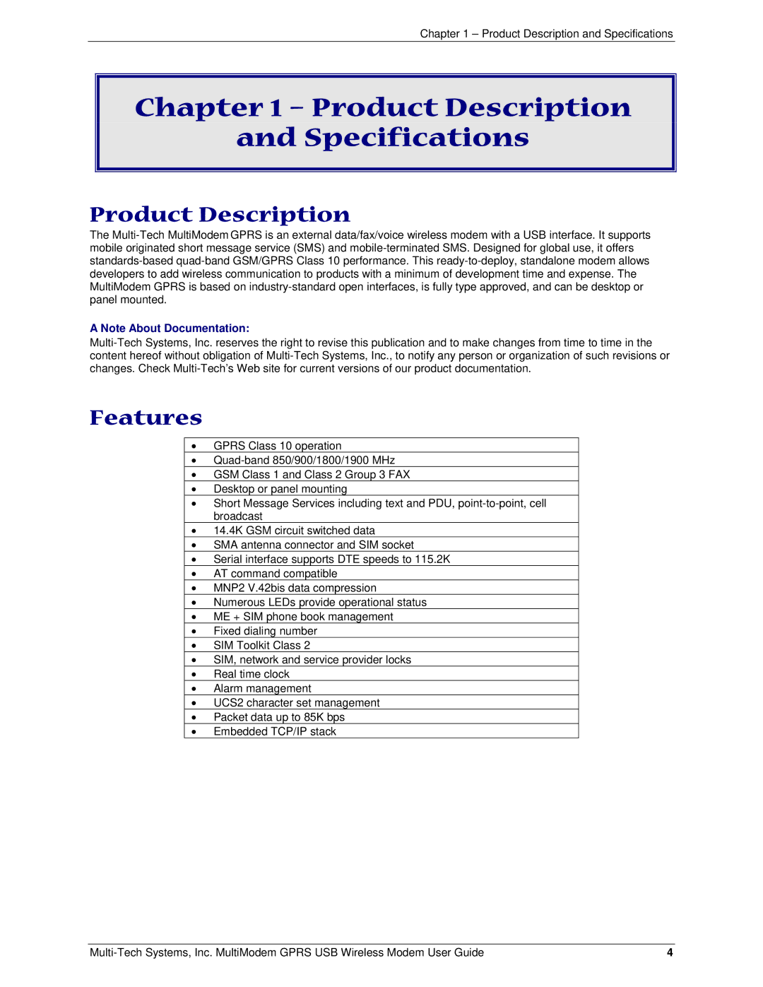 Multi-Tech Systems MTCBA-G-U-F4 manual Product Description Specifications, Features 