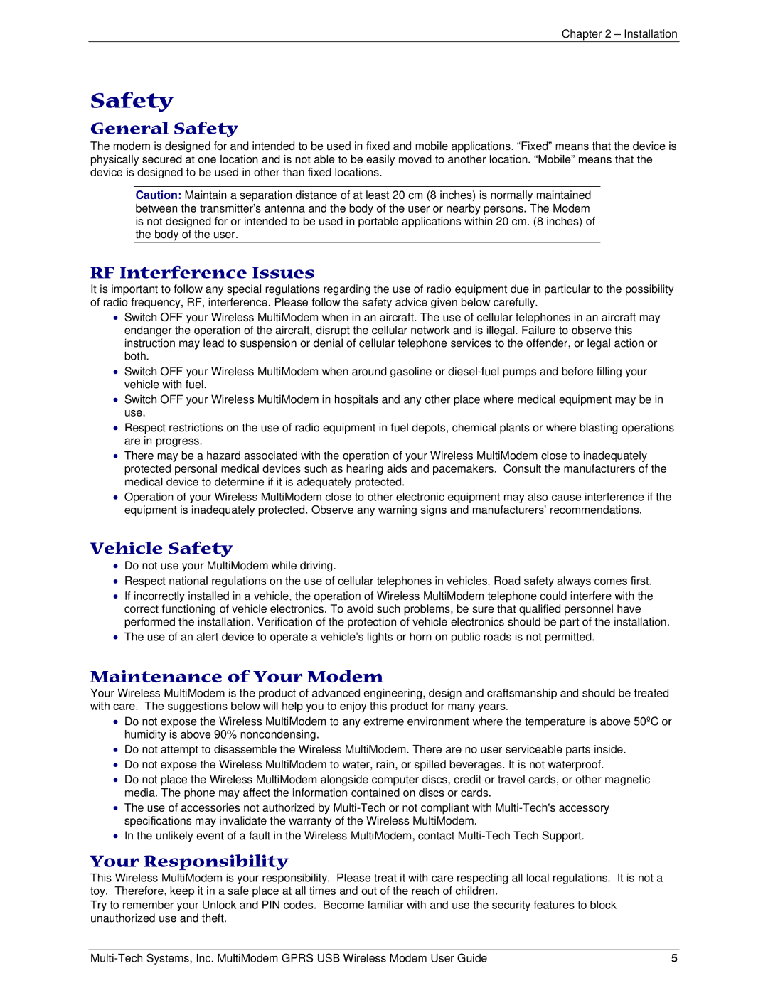 Multi-Tech Systems MTCBA-G-U-F4 manual Safety 