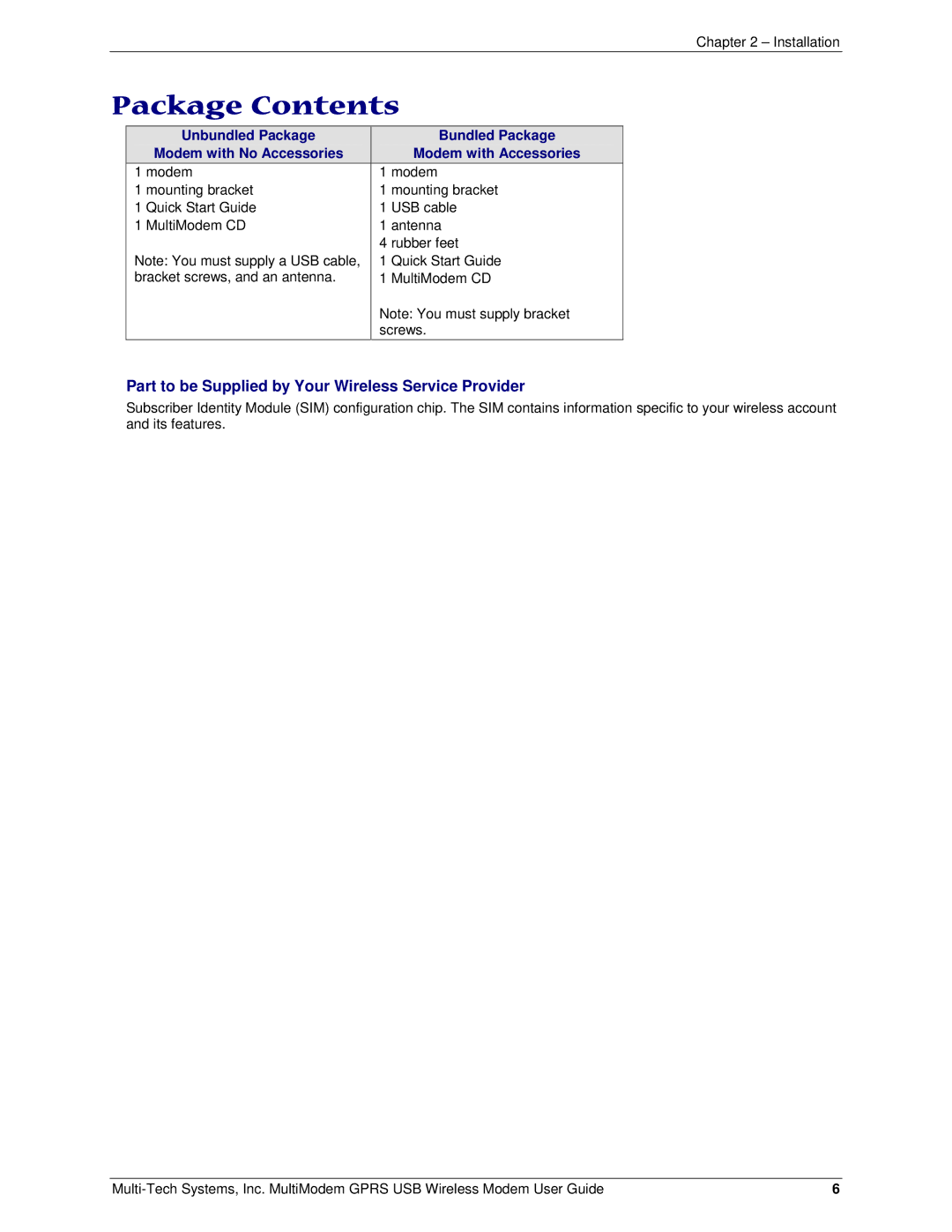 Multi-Tech Systems MTCBA-G-U-F4 manual Package Contents 