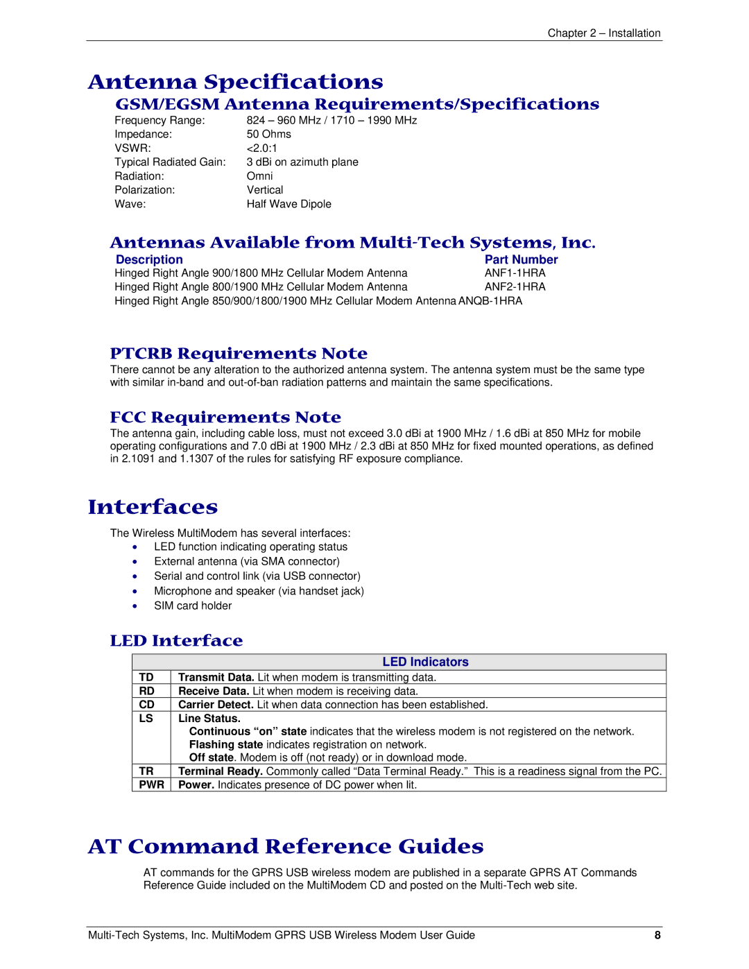 Multi-Tech Systems MTCBA-G-U-F4 manual Antenna Specifications, Interfaces, AT Command Reference Guides 