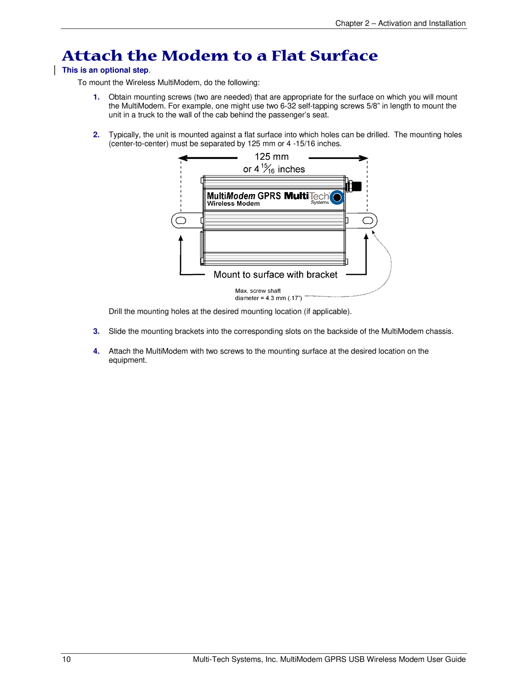 Multi-Tech Systems MTCBA-G-U-F4 manual Attach the Modem to a Flat Surface, This is an optional step 