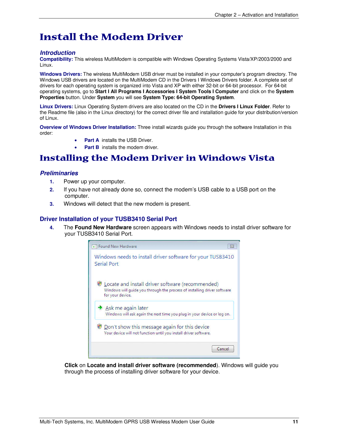 Multi-Tech Systems MTCBA-G-U-F4 manual Install the Modem Driver, Introduction, Preliminaries 