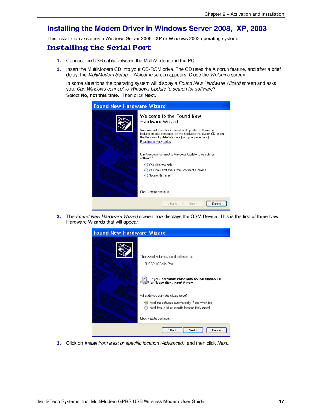 Multi-Tech Systems MTCBA-G-U-F4 manual Installing the Modem Driver in Windows Server 2008, XP, Installing the Serial Port 