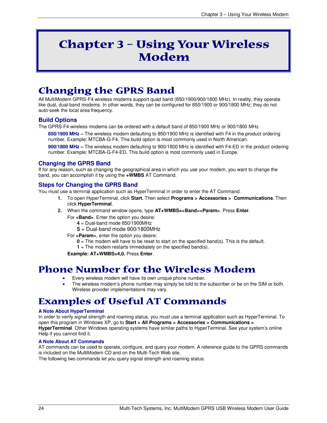 Multi-Tech Systems MTCBA-G-U-F4 manual Changing the Gprs Band, Phone Number for the Wireless Modem 